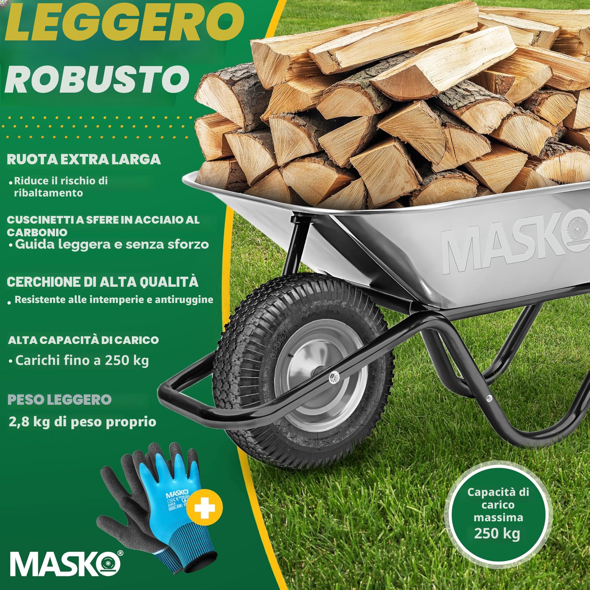 MASKO Ruota per carriola, pneumatici di ricambio, 250 kg, per carriola da giardino, 40 cm, extra larga, 9,5 cm, con cerchione in acciaio al carbonio e guanti