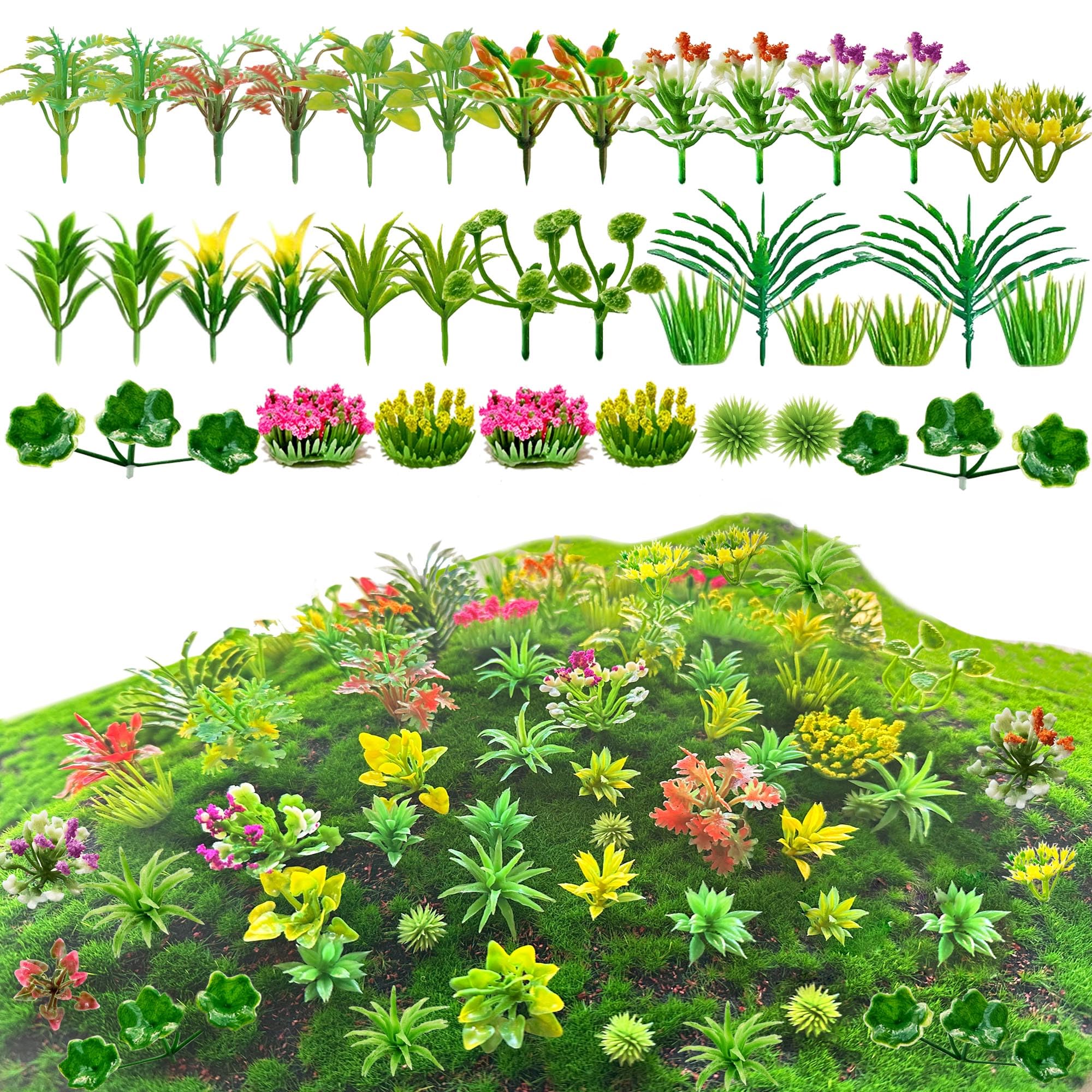 Zofusaier 120pcs Mini Model Trees Miniature Plants Set Flowers Green Shrubs Bush Model, Miniature Fairy Garden Aritificial Plants for DIY Train Railroad Park Scenery Architecture