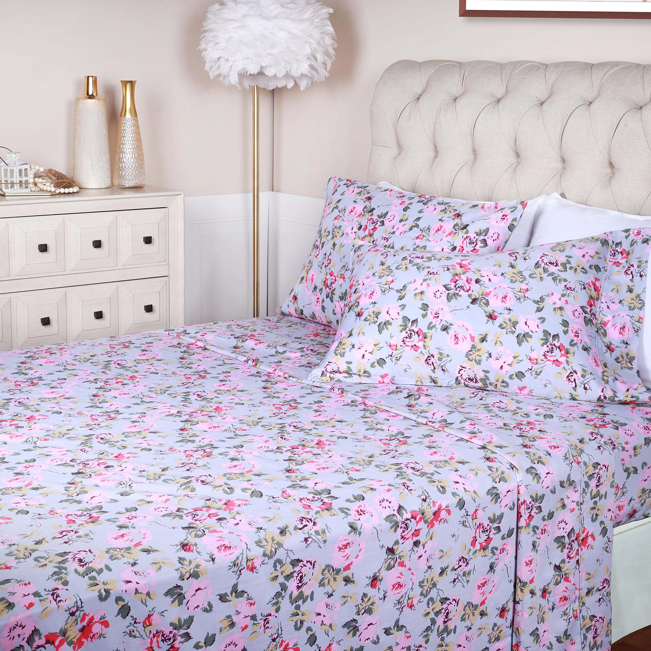 Parure de lit en coton 300 fils literie florale vintage lavable en machine argent