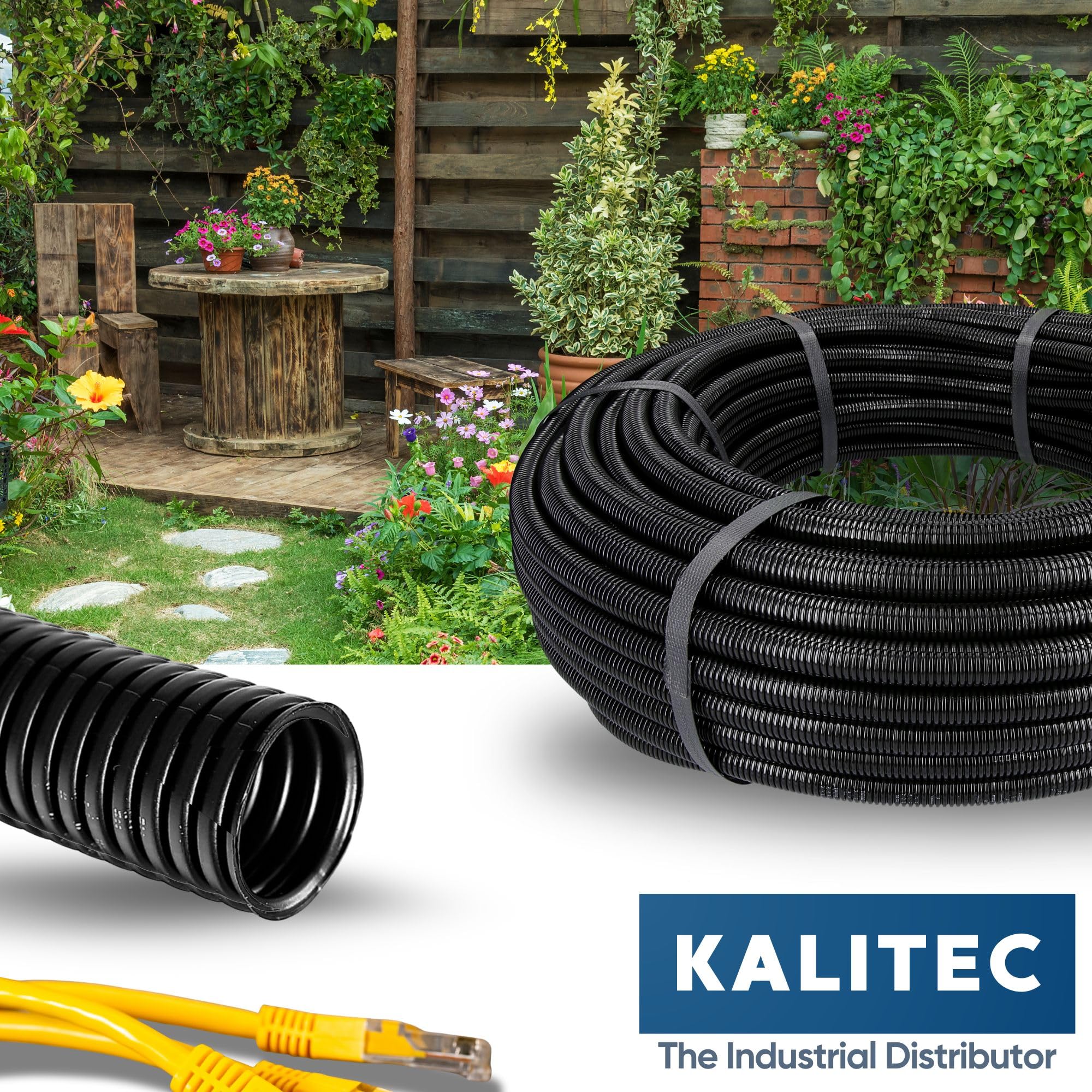 Kalitec 100m Tubo Corrugado Ranurado NW 6 - Protector de Cables y Manguera | Tubo flexible de polipropileno AD 9,2mm e ID 6,0mm, resistente a UV, ignífugo y antimartas para automoción y jardín
