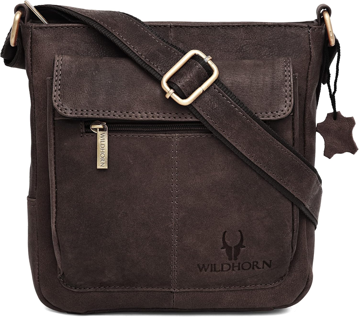 WildHorn Genuine Leather Sling Bag for Men | Durable, Portable & Stylish | Zipper Closure | Front Zip Pocket | 1-Year Warranty, Distressed Brown, L-8 inch W-3 inch H-9 inch, Contemporary