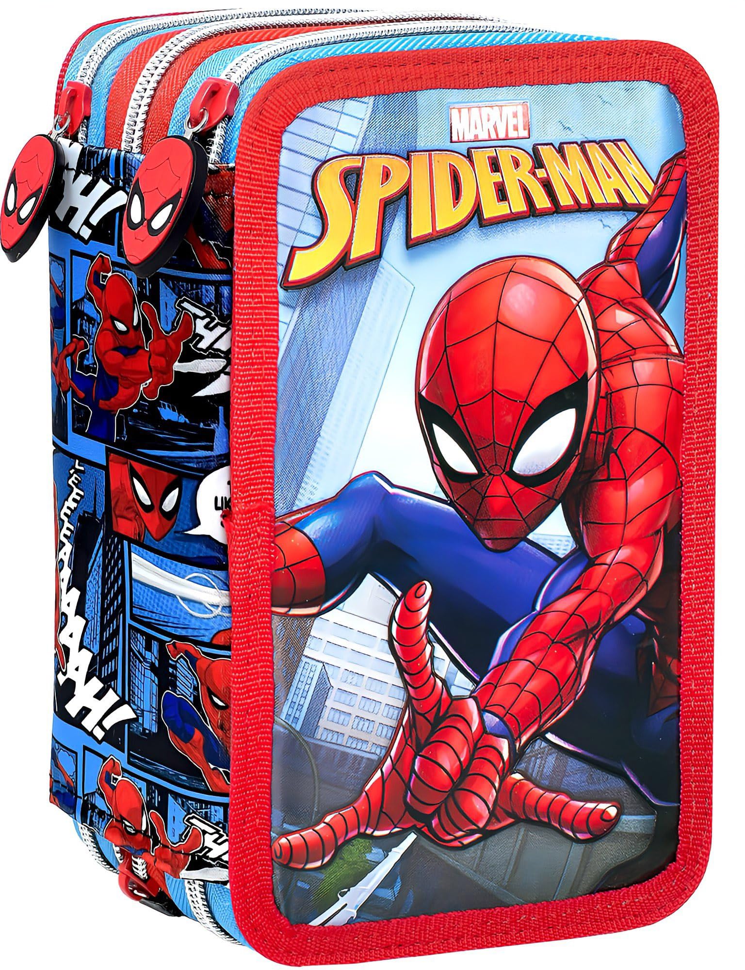 Clondo Estuche Triple Lleno para Niños, para Spiderman Fan, Plumier Triple, 44 Accesorios Educación Primaria, 20 Centímetros, 3 Cremalleras, Superhéroes