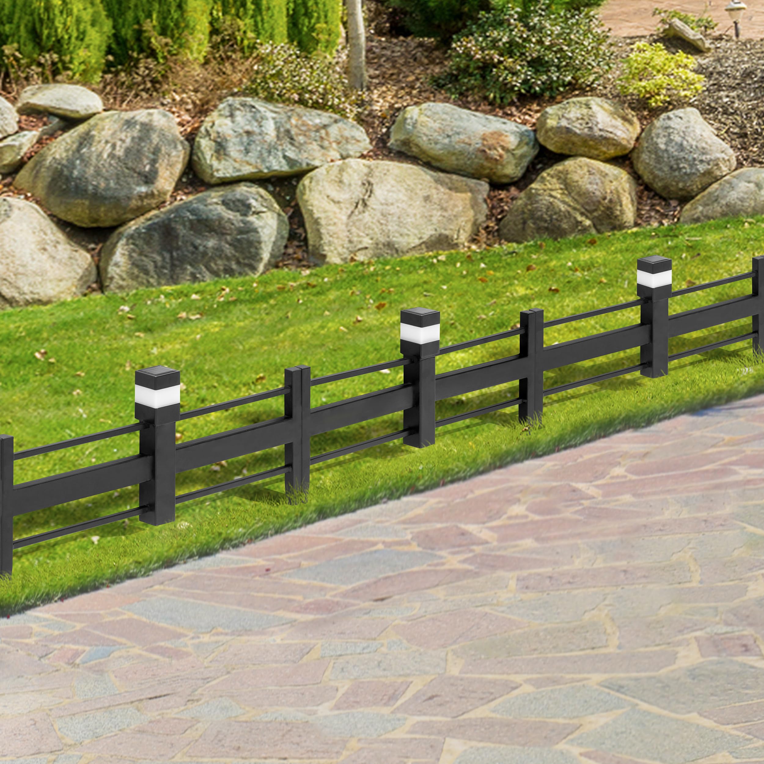 SUNJOY 5-Pack Solar Garden Fence with Waterproof LED Path Lights - Decorative Metal Strip Pattern Border Fencing Panels for Outdoor Landscaping, Black