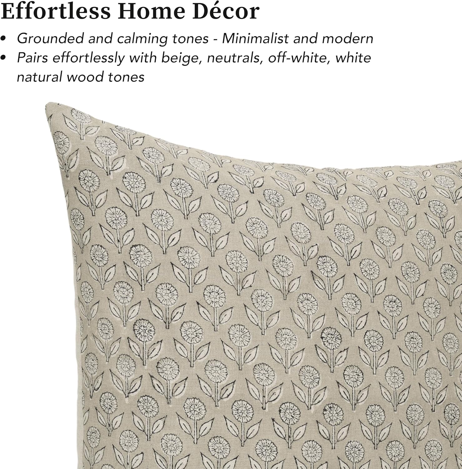 Hand-Block Printed, Artisan-Made Neutral Accent Throw Pillow Covers- 100% Cotton Cushion for Sofa, Bed, Chair, Home Decor, Boho, Indoor - Adeline (Muslin Beige, 20" x 20")