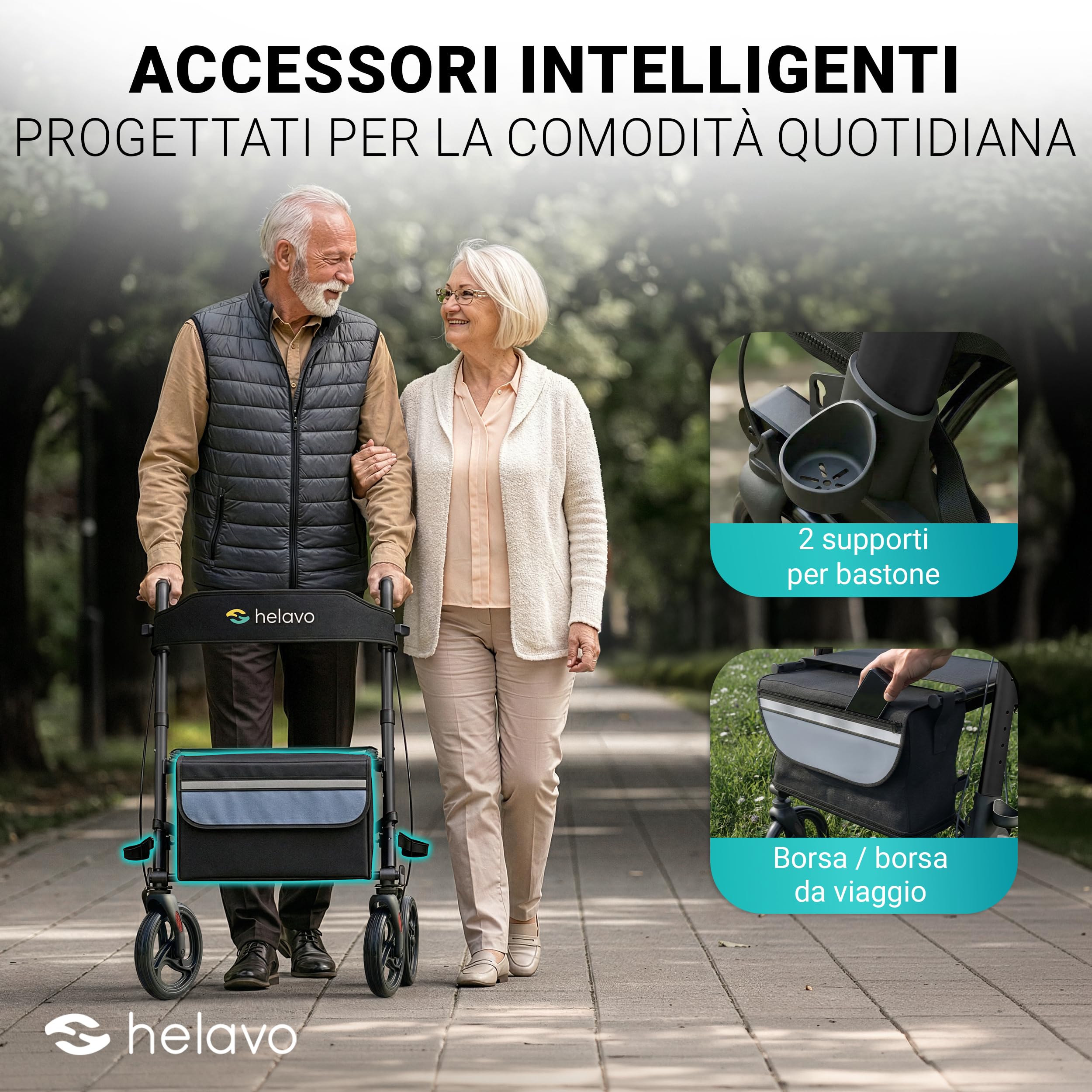 Helavo deambulatore per anziani pieghevole in alluminio con seduta schienale - freni rollator leggero 4 ruote - girello pieghevole per interni ed esterni supporto fino a 136 kg