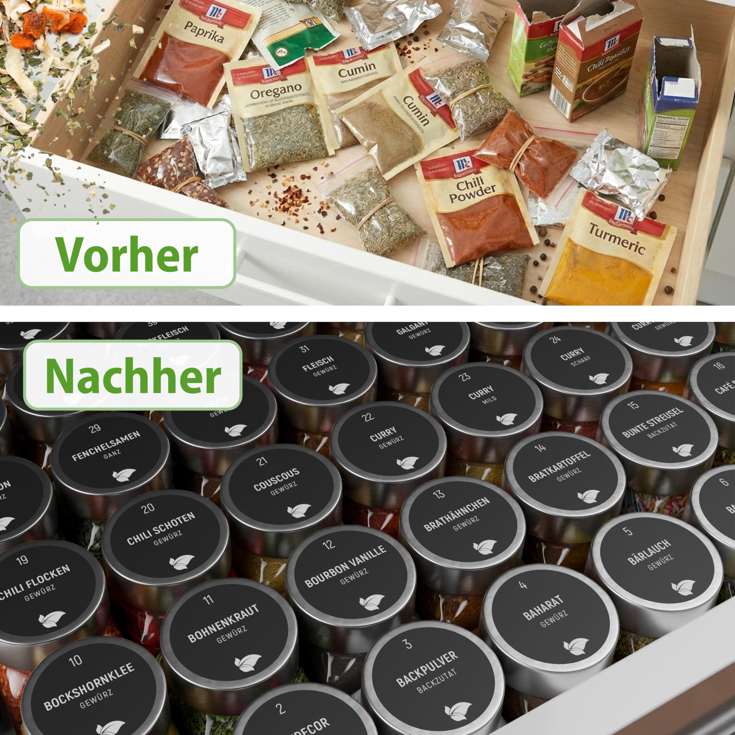 LAEVU Gewürzgläser eckig Edelstahl | 24 Stk. à 120 ml – 10,5 x 4,5 cm | Gewürzstreuer Set für mehr Ordnung in deiner Küche | Gewürz Organizer Komplettset mit viel Zubehör