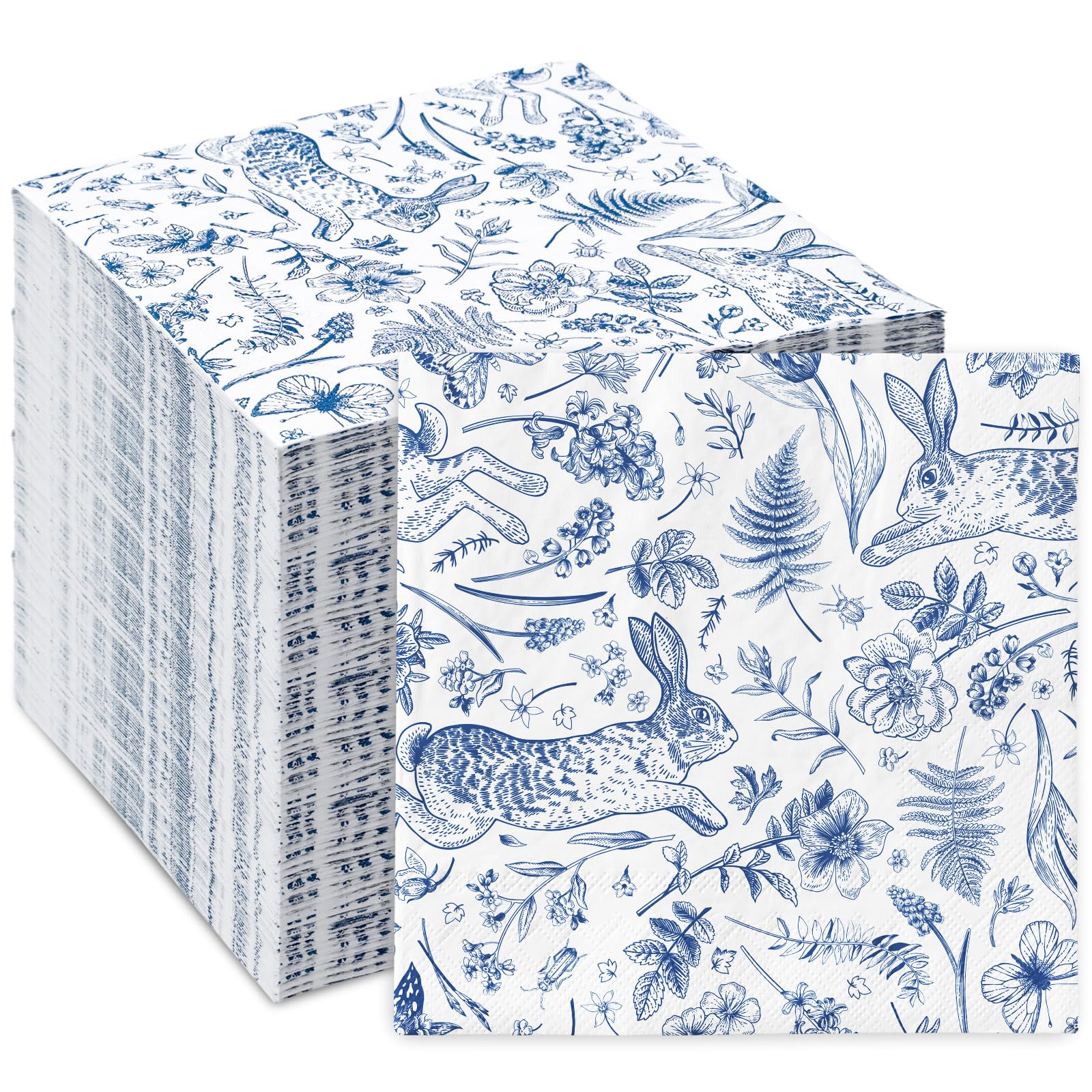80 Pack Blue White Easter Paper Napkin Retro Bunny Rabbit Flower Disposable Luncheon Napkins Retro Dessert Dinner Hand Napkin for Birthday Baby Shower