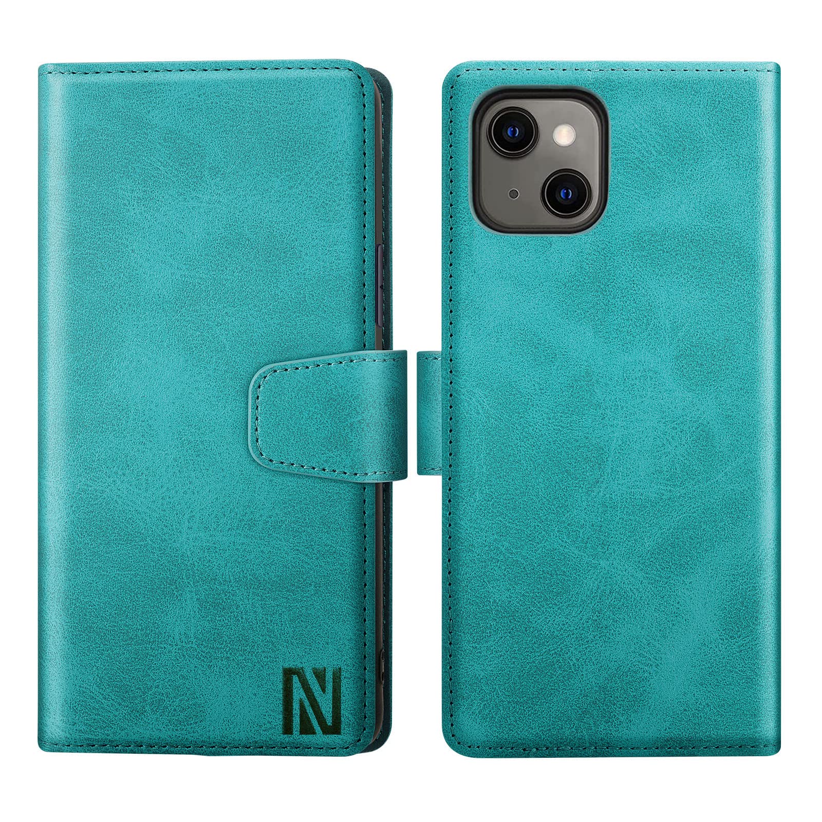 ANERNAI for iPhone 14 Wallet case,PU Soft Leather Flip Folio Shockproof Case with RFID Blocking Card Holders (Blue Green)
