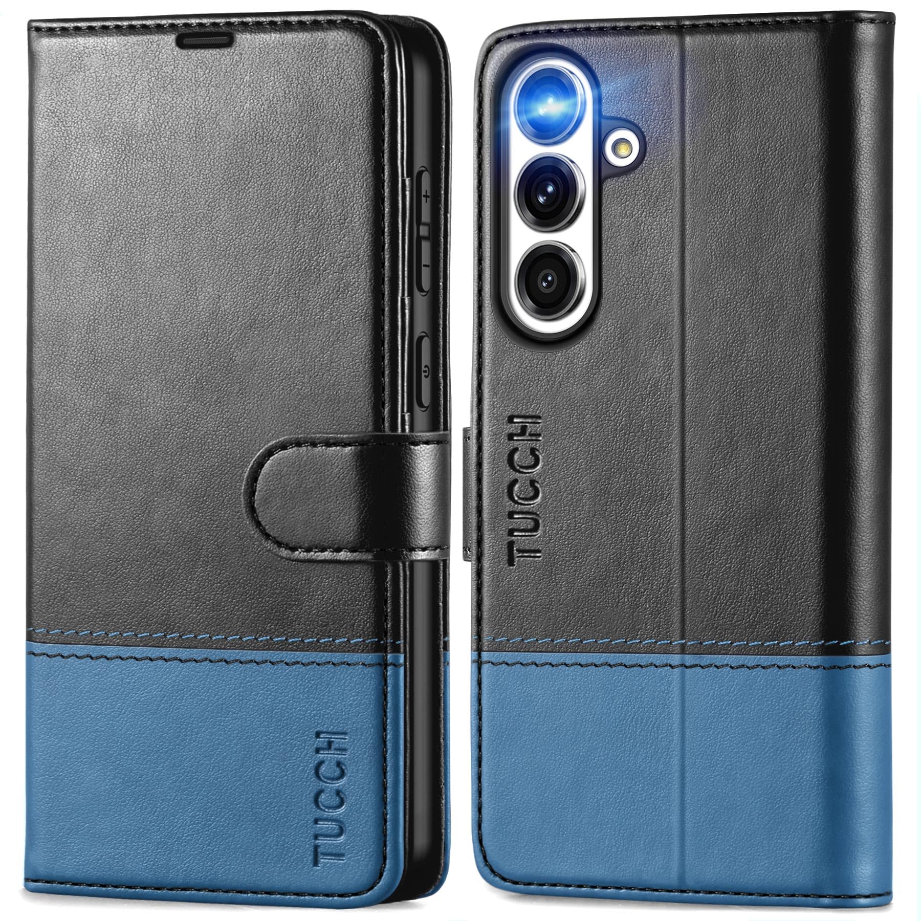 Photo 1 of TUCCH Wallet Case for Galaxy S25 FE, Magnetic PU Leather Stand [RFID Blocking] 4 Credit Card Holder Flip Cover with [TPU Shockproof Interior Shell] (6.7") 2025, Black & Light Blue
