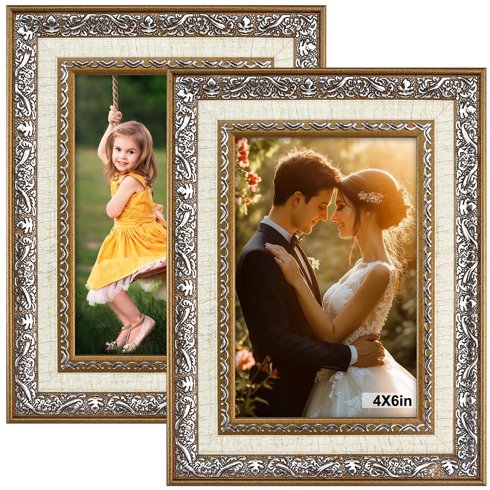 6x4 Picture Frames - 2PCS 4x6 Vintage Picture Frames Stand Free-standing Horizontally & Vertically Intricate Patterns Photo Frames for Home Office Living Room Décor (Silver)