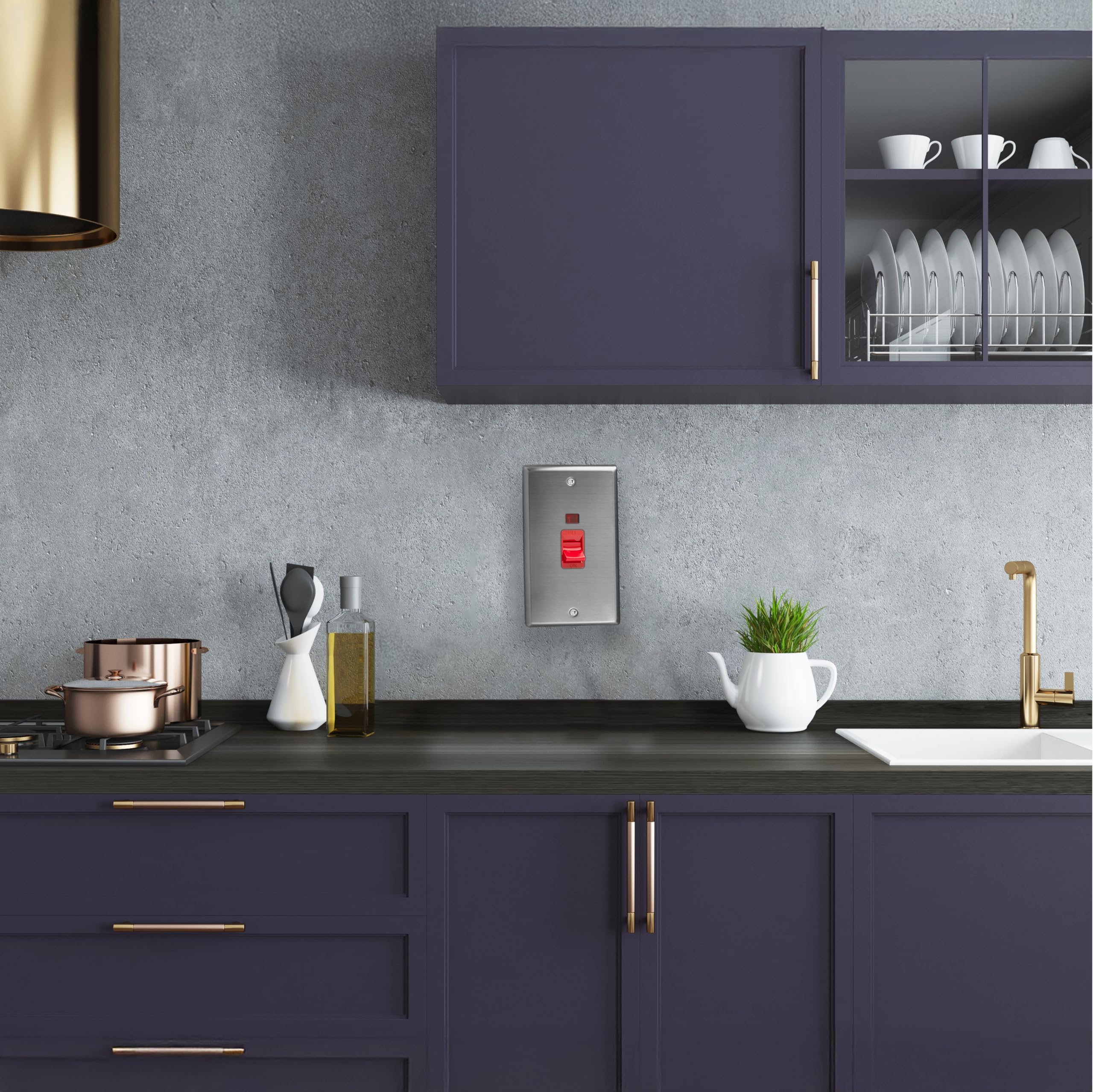 Varilight Vertical Cooker Switch With Neon - Classic Brushed Steel With Red Insert, XT45N, 150x91x35mm - Image 2