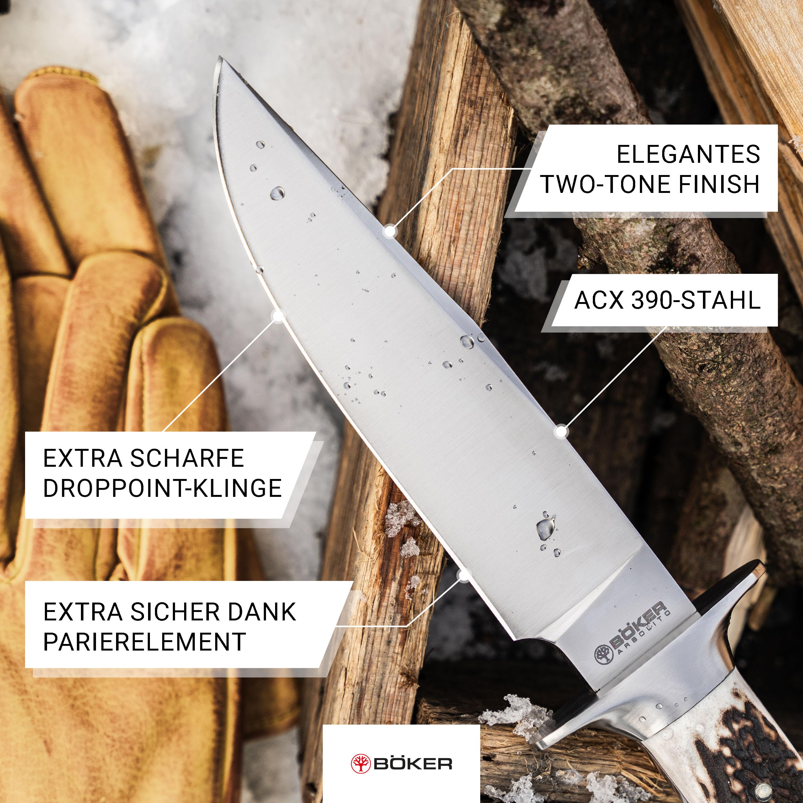 Böker ARGENTINIA® Torito HX - Outdoor Jagdmesser mit feststehender Klinge 16,2 cm - Fulltang Messer mit Hirschhorngriff echt - Hunting Knife mit Lederscheide braun - Survivalmesser mit Parierelement