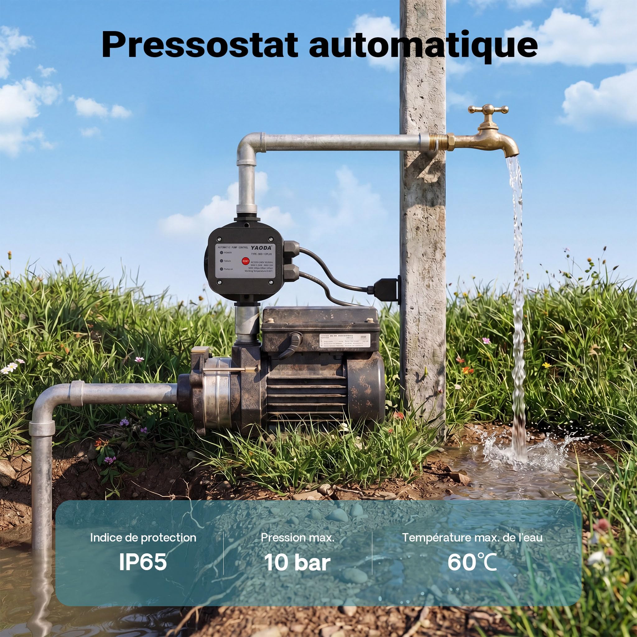 Wiltec Pressostat EPC-5 avec 2 Câbles – 175 x 185 x 150 mm – 230 V – 10 bars – Réseaux d’eaux domestiques & Pompes monophasées – Anti-marche à sec