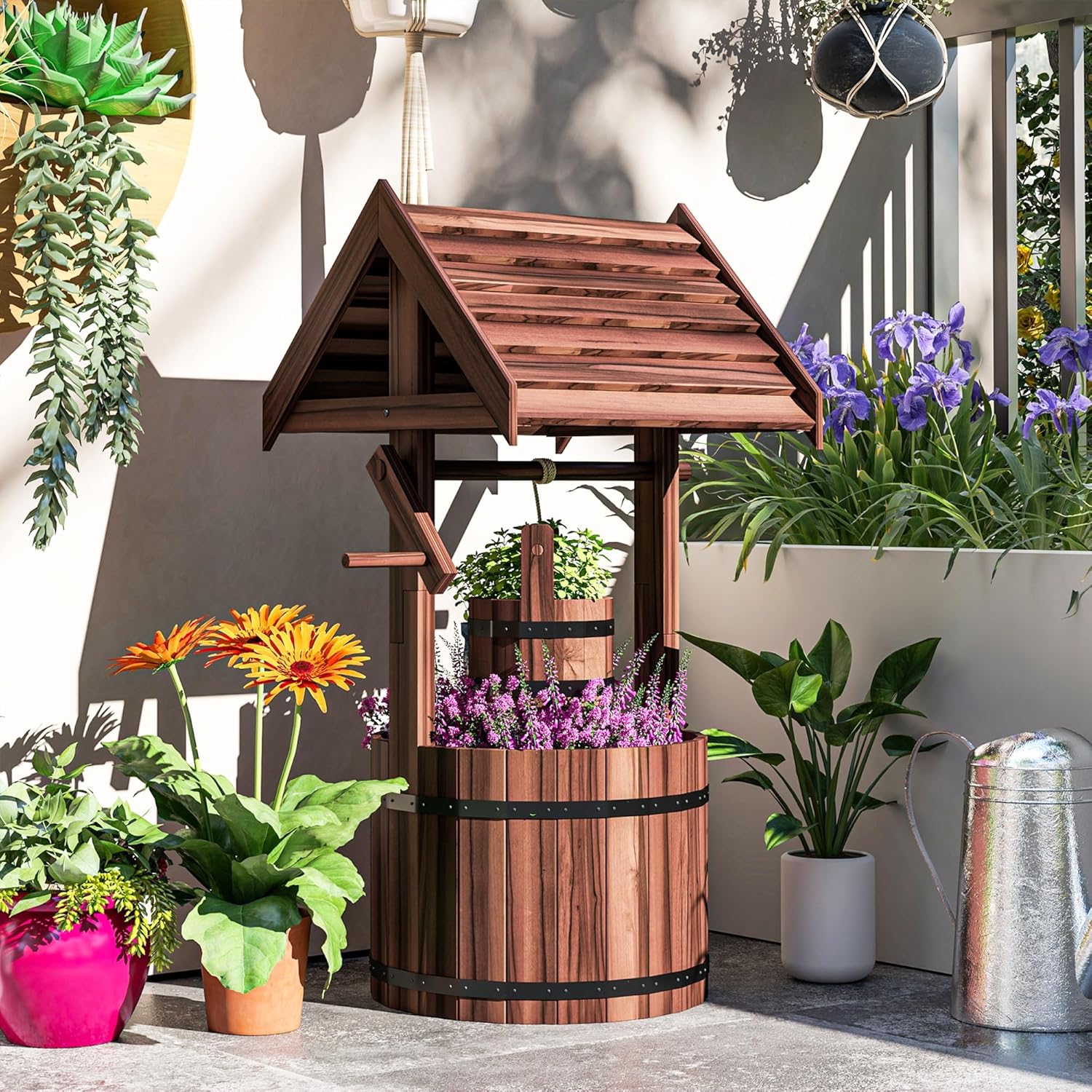 Outsunny Wooden Wishing Well Planter with Adjustable Hanging Bucket, Rustic Wishing Well for Outside, Decorative Flower Planter with Drainage Hole for Garden Patio, Carbonized