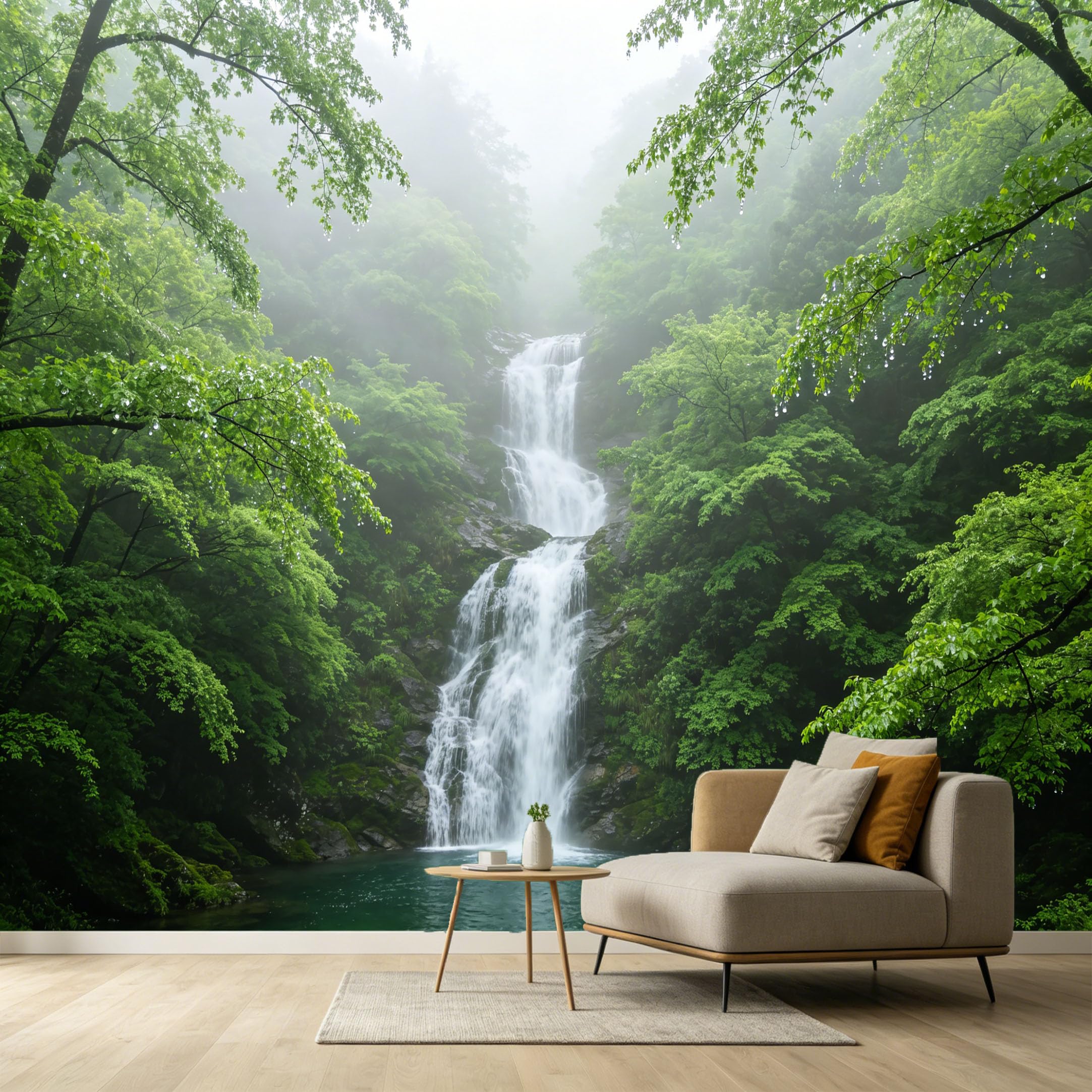 Custom Size Wall Murals Waterfall Landscape Forest Misty Trees Botanical Nature View SelfAdhesive Wall Fabric Removable Large Wallpaper for Photo Living Room
