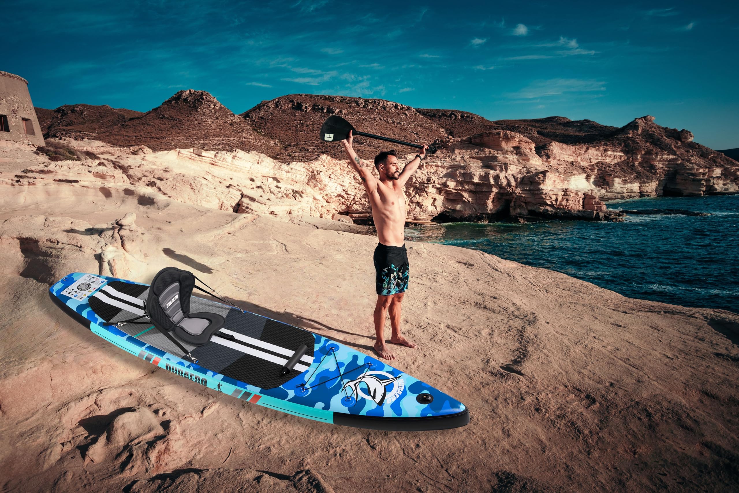 Stand up Paddling Board Aufblasbare, Kajak Sitz,330x76x15cm, Tragkraft bis 150Kg, Cam Halterung,Integrierte Kick-Pad, 3 Finnen, Verstellbares Doppel-Paddel, Komplettes Zubehör, Blaues Camouflage
