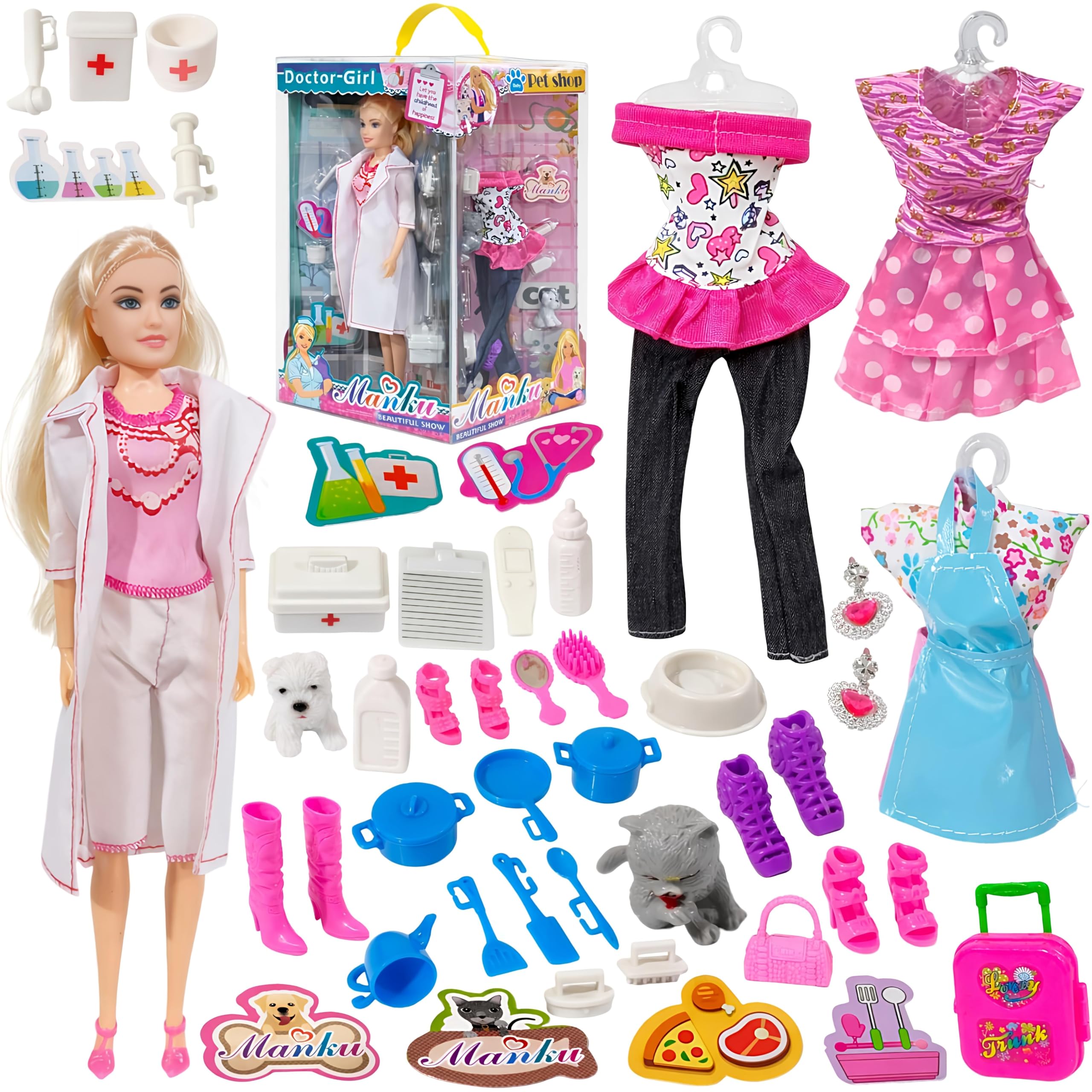 Dolls Set for Girls - 4 in 1 Doll Play Set with Accessories, Pretend Play Toys for Girls, Role Plat Toys for 3+ Year Old Kids