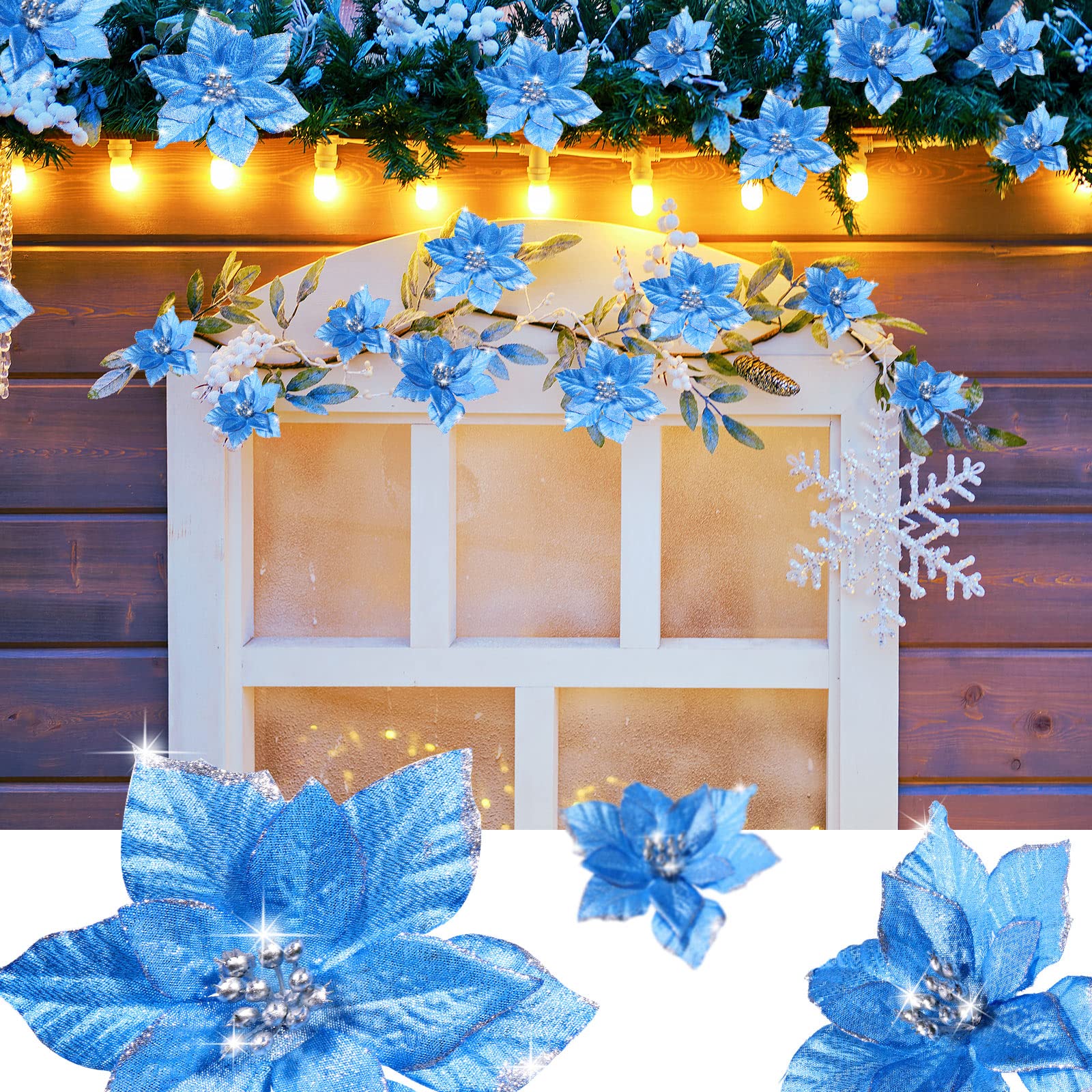 Geosar 100 Piezas Poinsettia con Purpurina Navideña de 3 Tamaños Flores de Boda Falsas Adornos de Decoración de Flores de Navidad para Decoración Año Nuevo Árbol de Navidad (Azul)