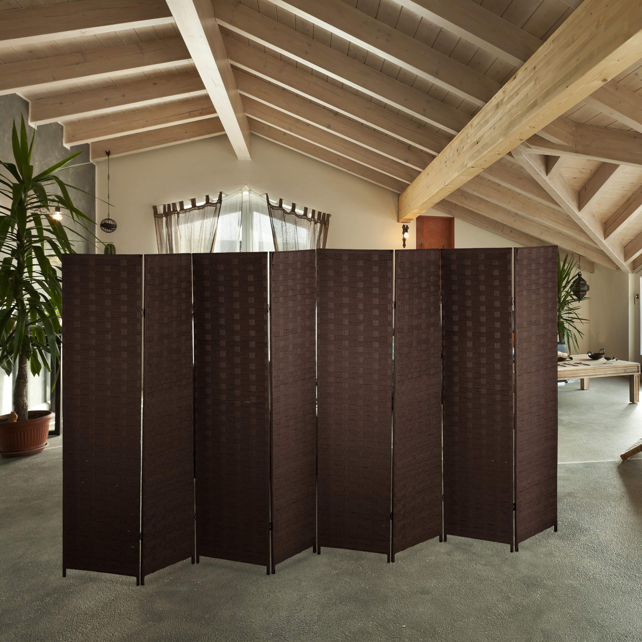 Relaxdays Biombo 8 Paneles, 170 x 320 cm, Separador Ambientes Plegable, Madera y Cuerda de Papel, Mampara Marrón