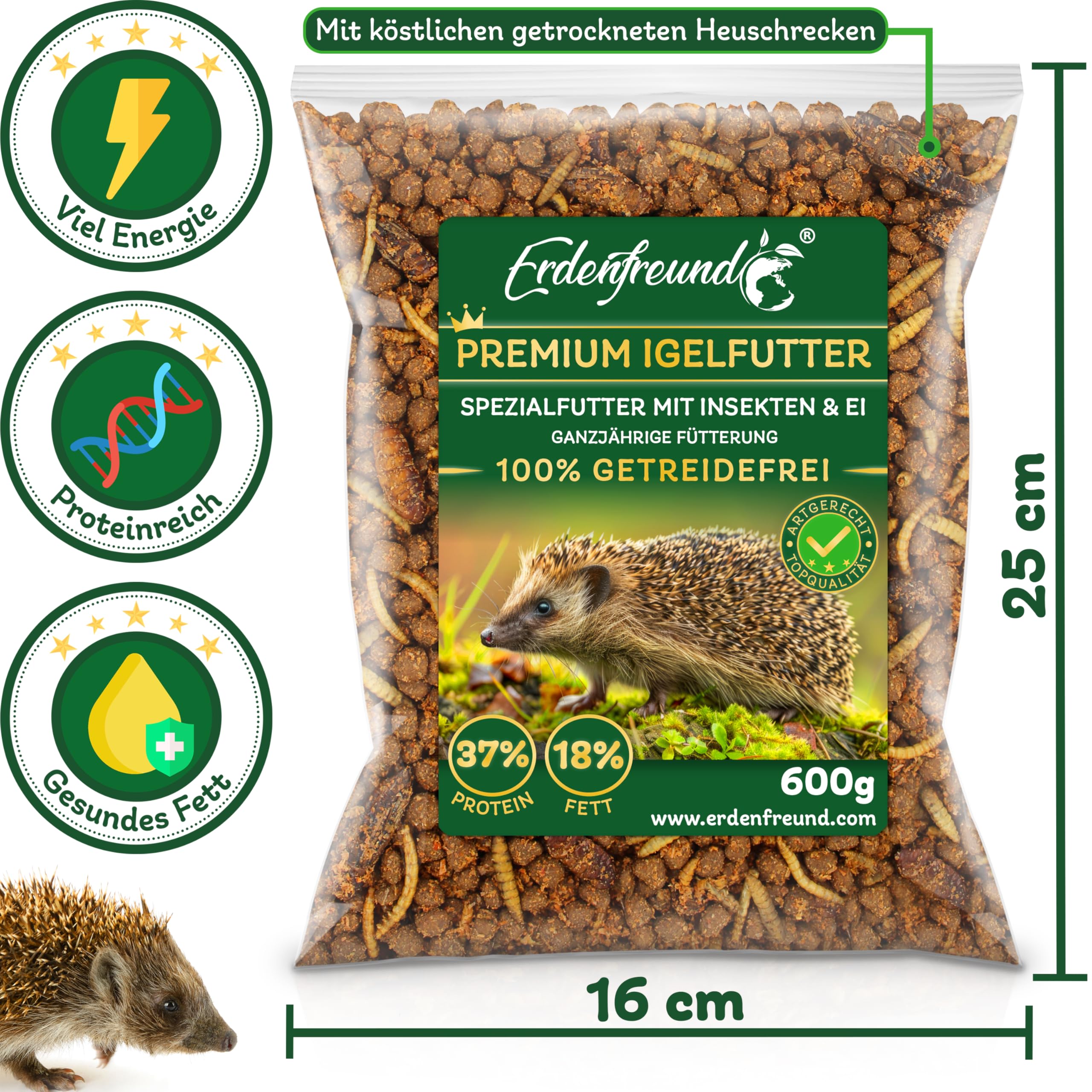 ERDENFREUND® Premium Igelfutter 100% getreidefrei 3x600g Ganzjahres-Alleinfutter für Igel mit Insekten vollwertig verdaulich nährstoffreich (3x600g Frischepacks = 1800g Premium Igelfutter)