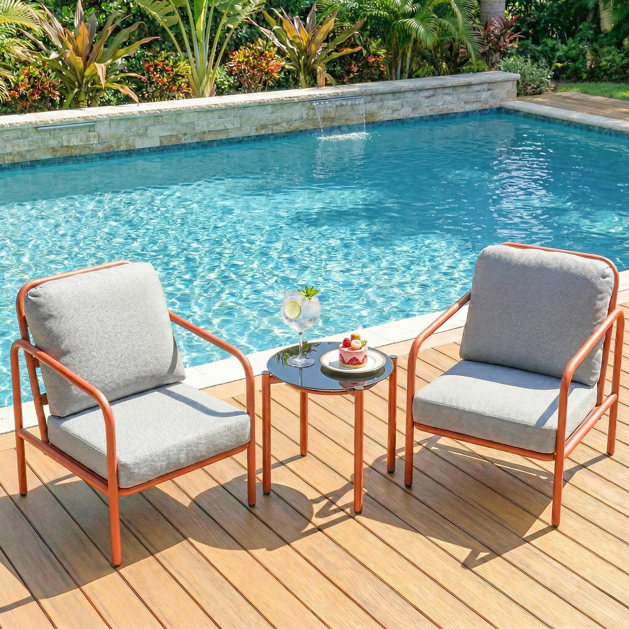 Outsunny Salon de Jardin 3 Pièces, Fauteuils avec Coussins Amovibles, Table Basse Verre Trempé, Acier, Rouge Vineux