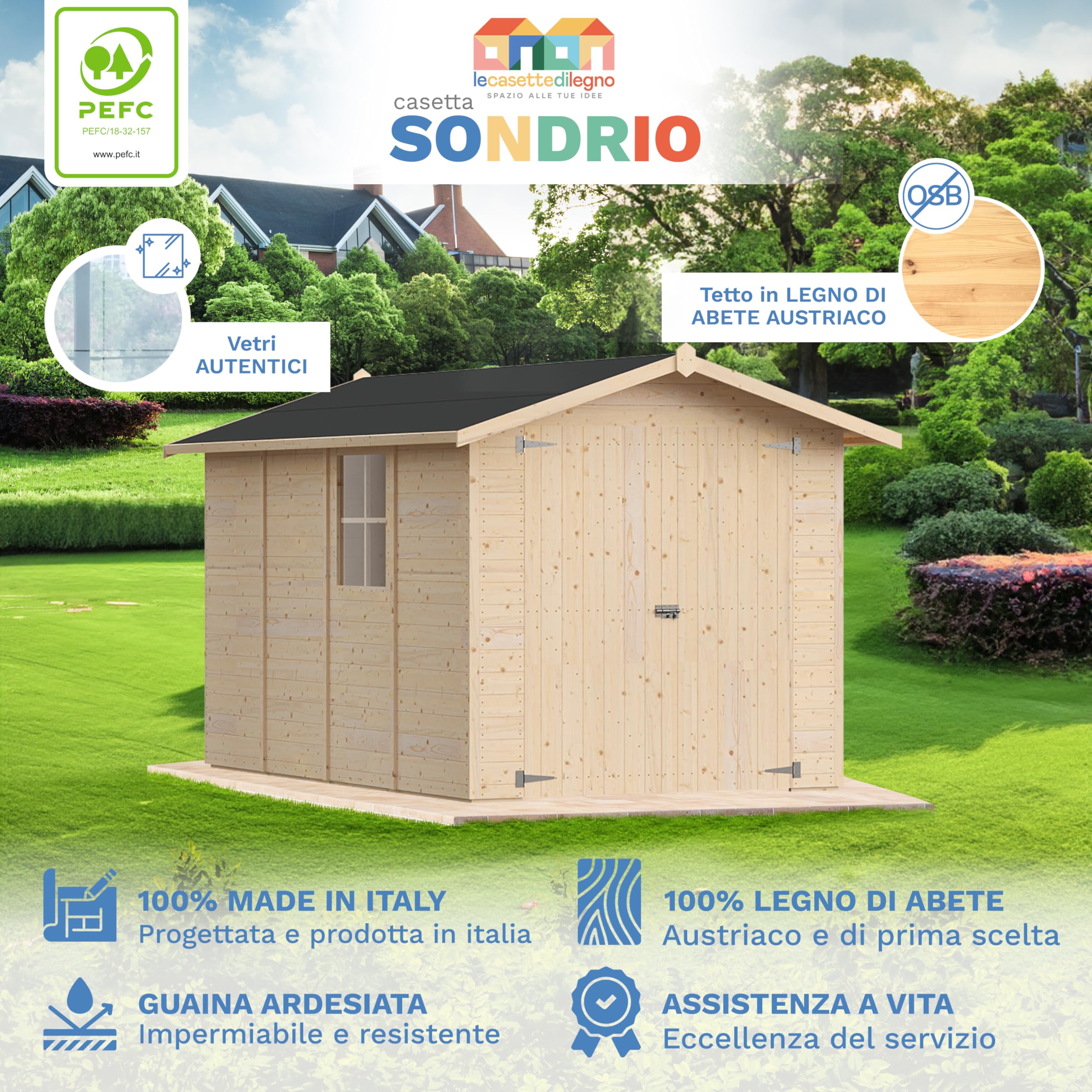 Casetta da giardino in legno per esterno 2Mq 200x400 20mm MADE IN ITALY mod. SONDRIO (Con Grondaia, Kit 2 Finestre Apribili)