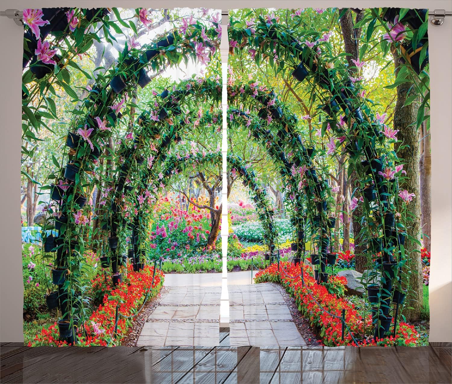 Ambesonne Garden Curtains, Flower Arches Pathway in Ornamental Plants Greenery Romantic Picture, Living Room Bedroom Window Drapes 2 Panel Set, 108" X 90", Red and Green