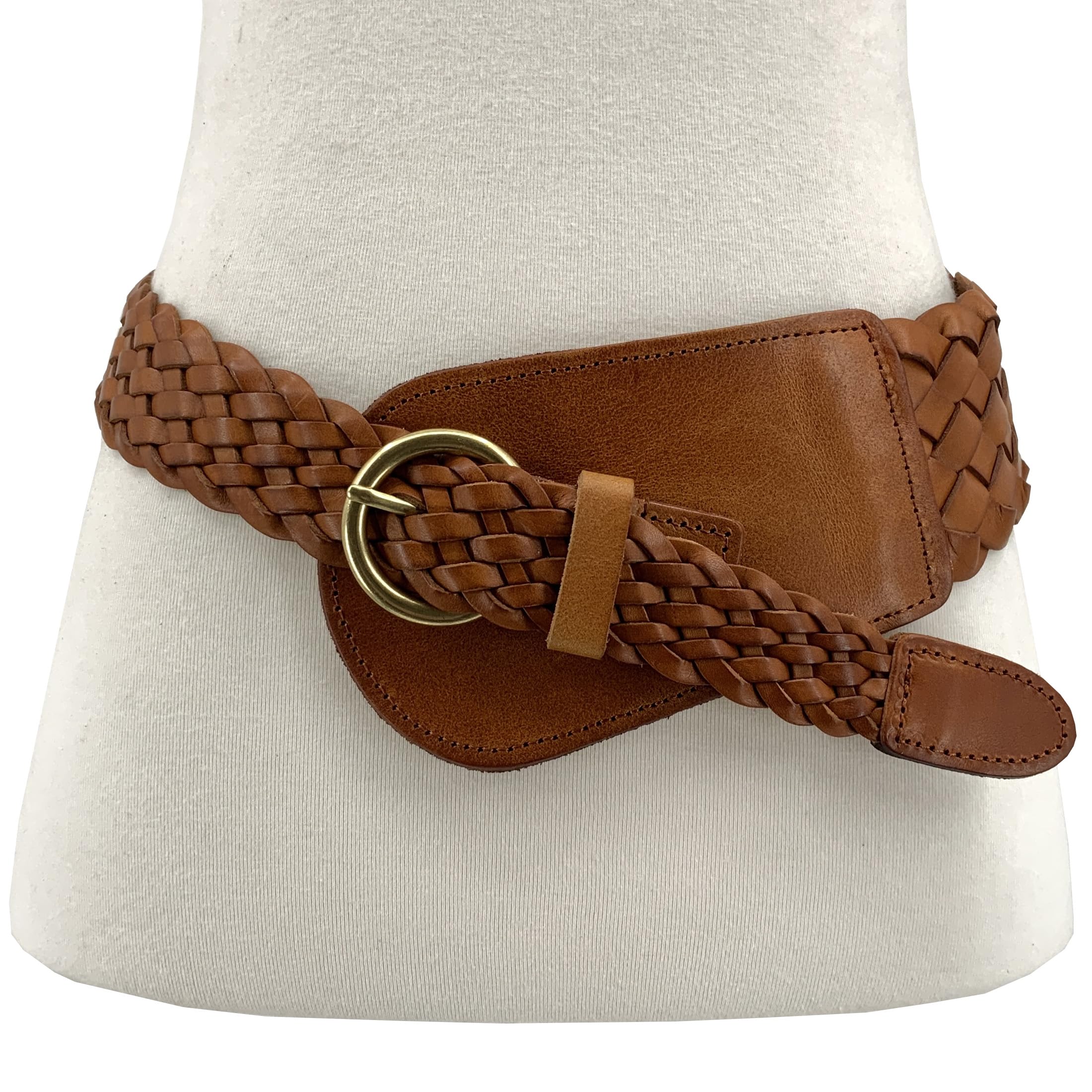 NickyVerse Women's High Low Waist Hand Made Braided Woven Solid Soft Vintage Cowhide Full Grain Taper Leather Boho Concho Belt (Tan, 26-30(end to end 36) Inches)