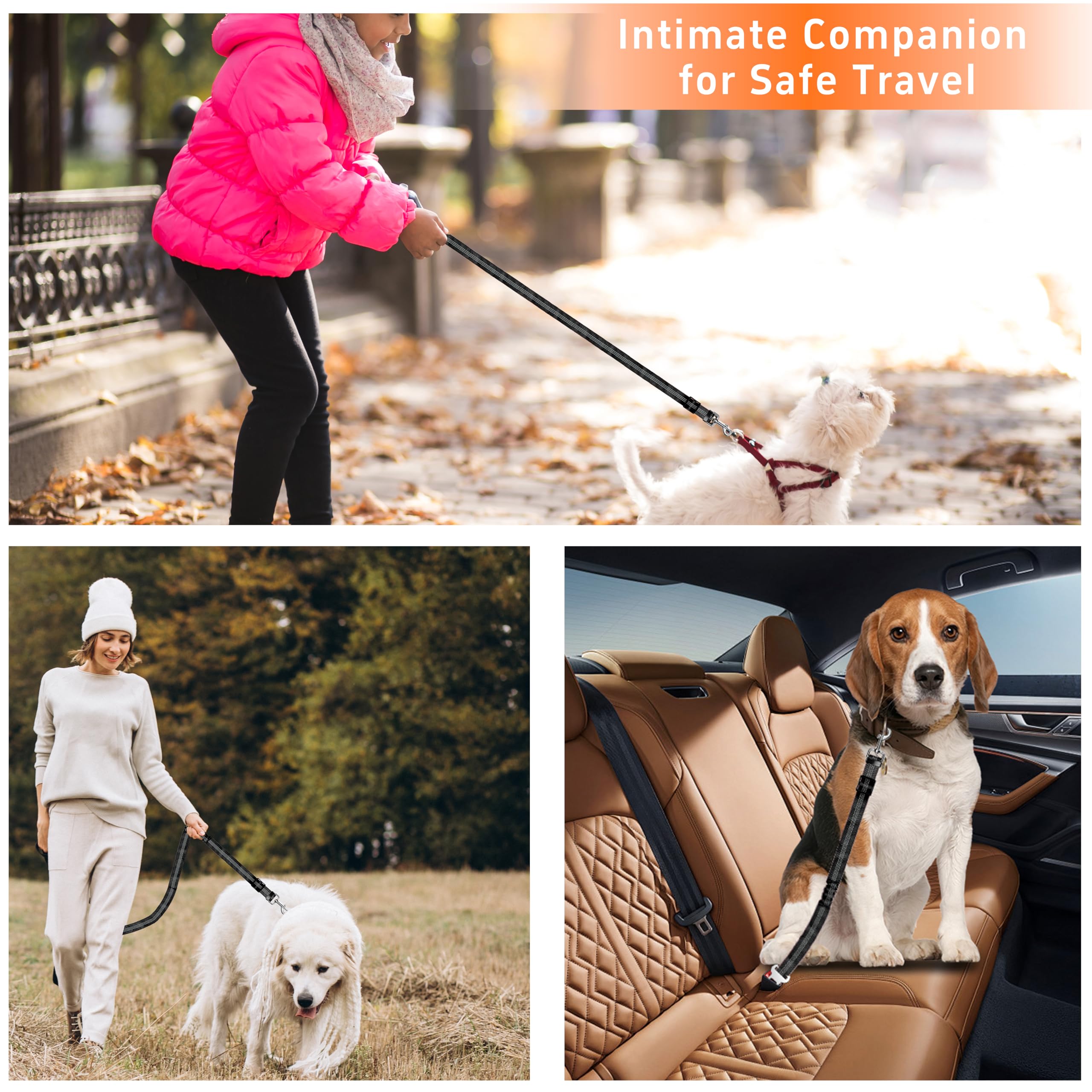 Dog Car Seat Belt Set - 3 Piece Retractable Harness, Adjustable Reflective Seatbelt for Vehicle Headrests, Safety Restraint, Heavy Duty & High Elastics, Black - image 7