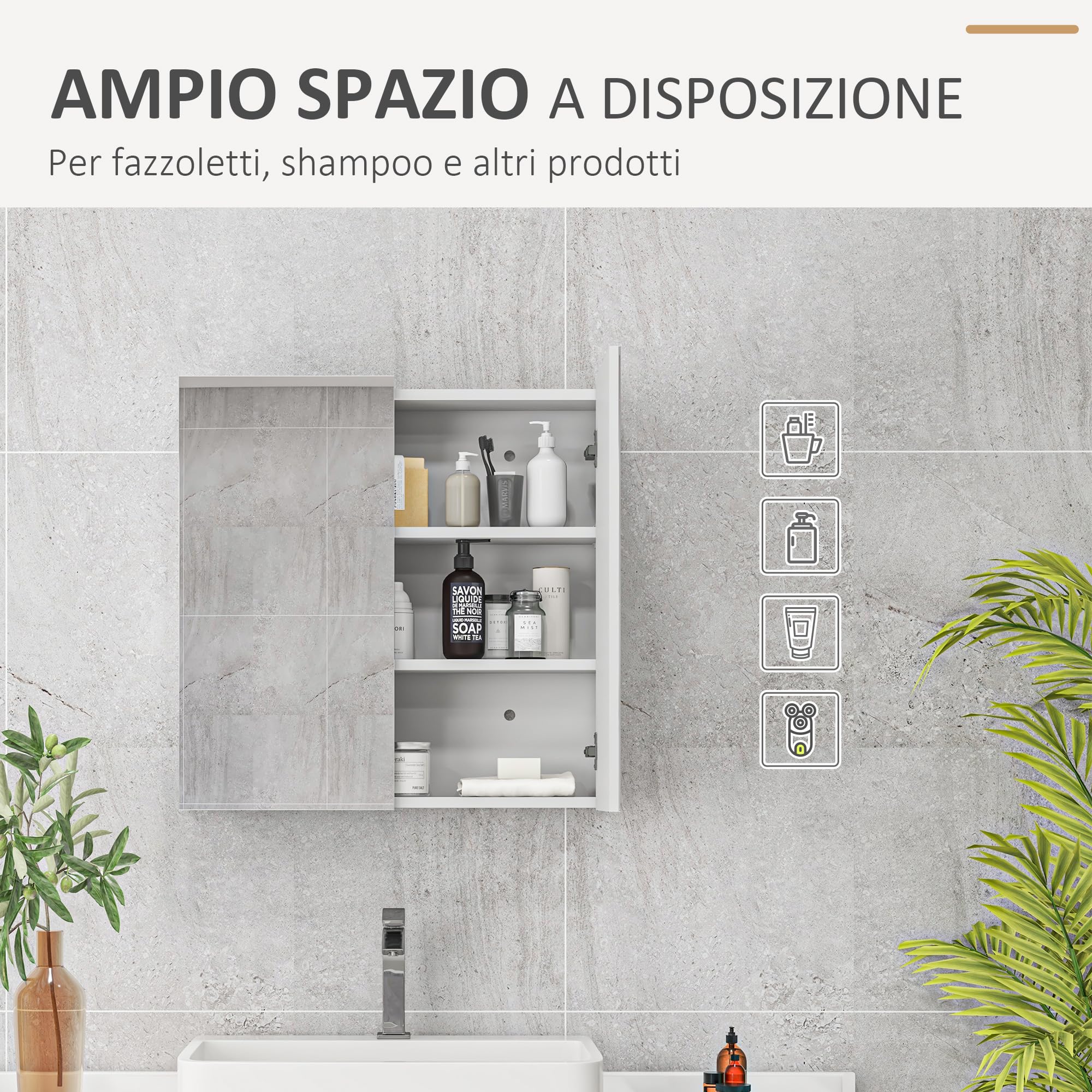 kleankin Specchio Bagno Contenitore Specchiera 60x15x60 cm Bianco Lucido