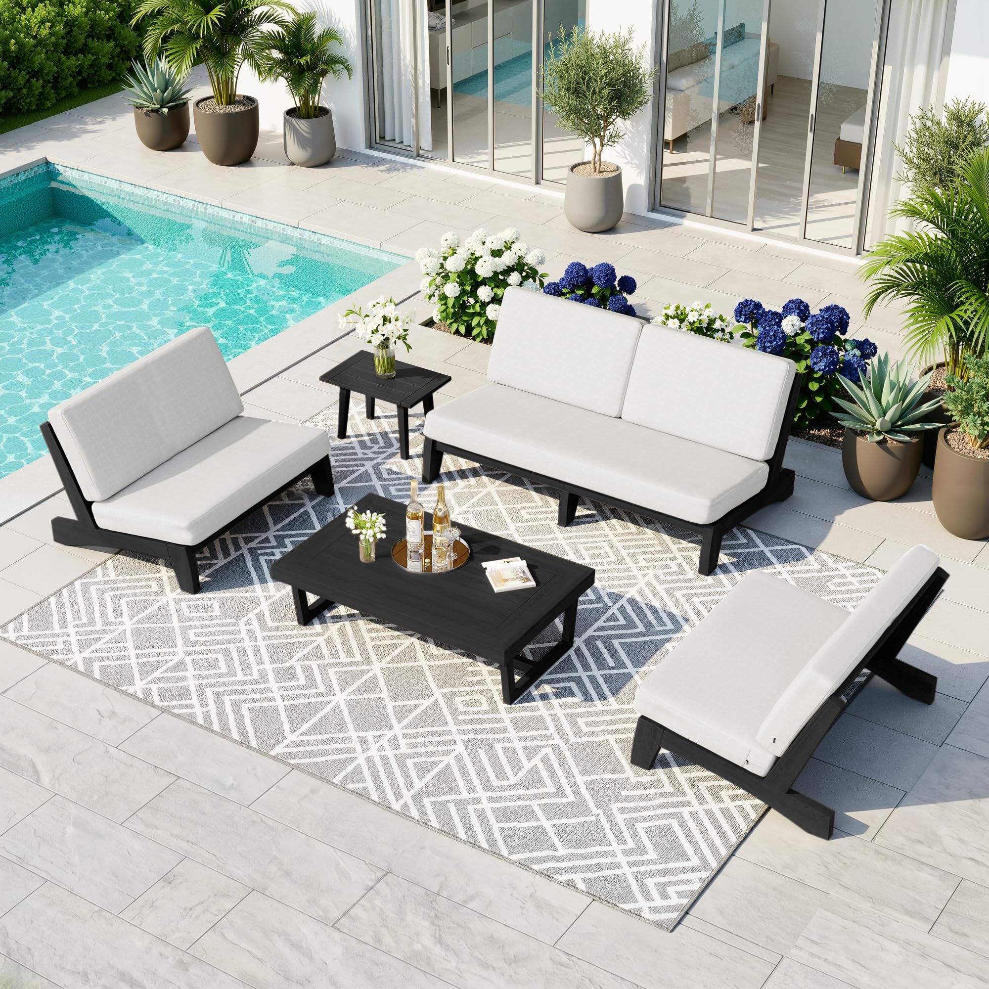 Pia Ricoo 5-Piece Patio Furniture Set, Outdoor Sofa with 2 Loveseat, 2 Chairs &amp; Coffee Table, All-Weather Conversation Set for Backyard/Deck/Lawn - Beige/Dark