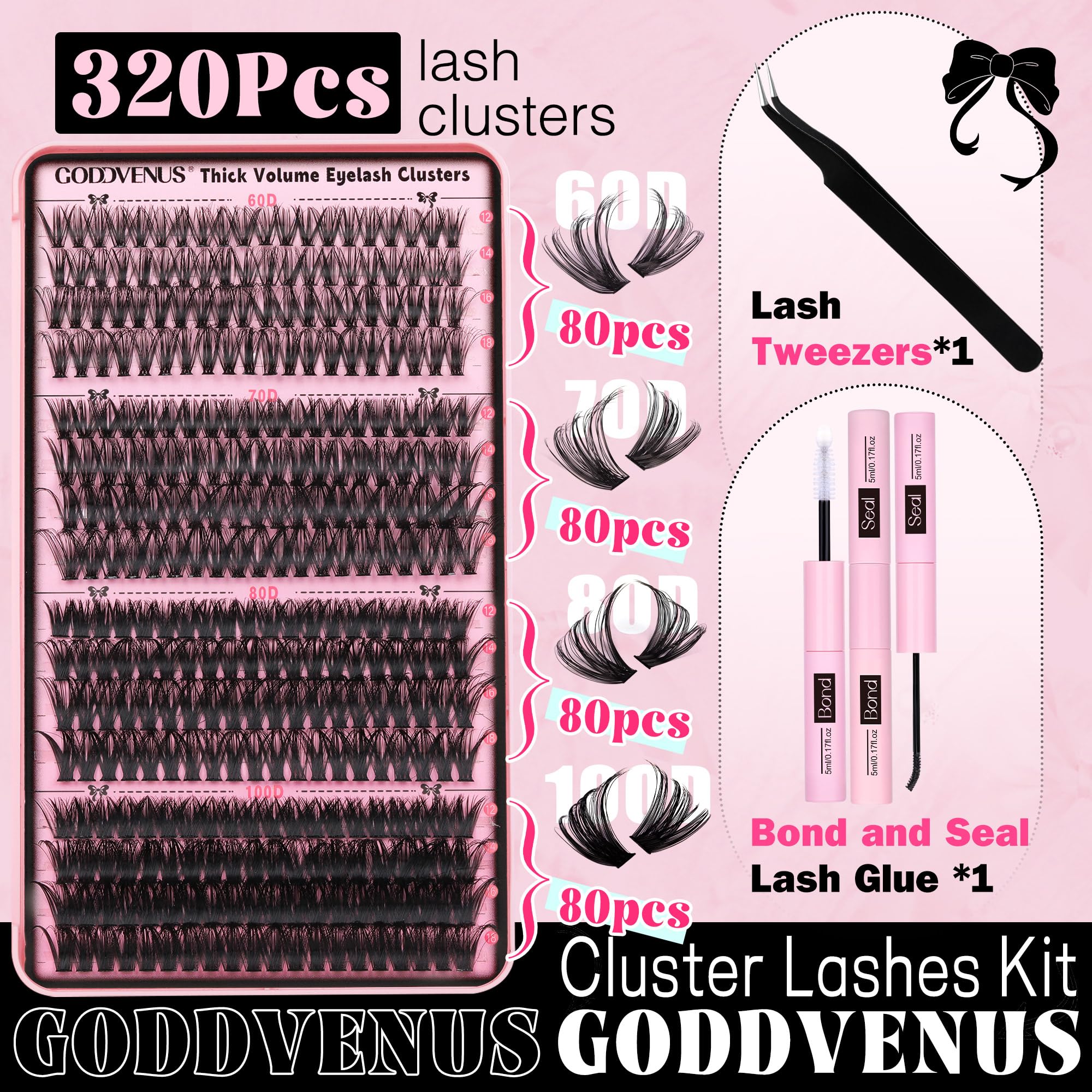 Goddvenus Fluffy Individual Eyelashes Kit 60+70+80+100D Clusters Lashes Kit 320Pcs Eyelash Clusters DIY Lash Extension kit Russian D Curl Lashes Individual Cluster with Bond and Seal (12-18mm Mix) - Image 3