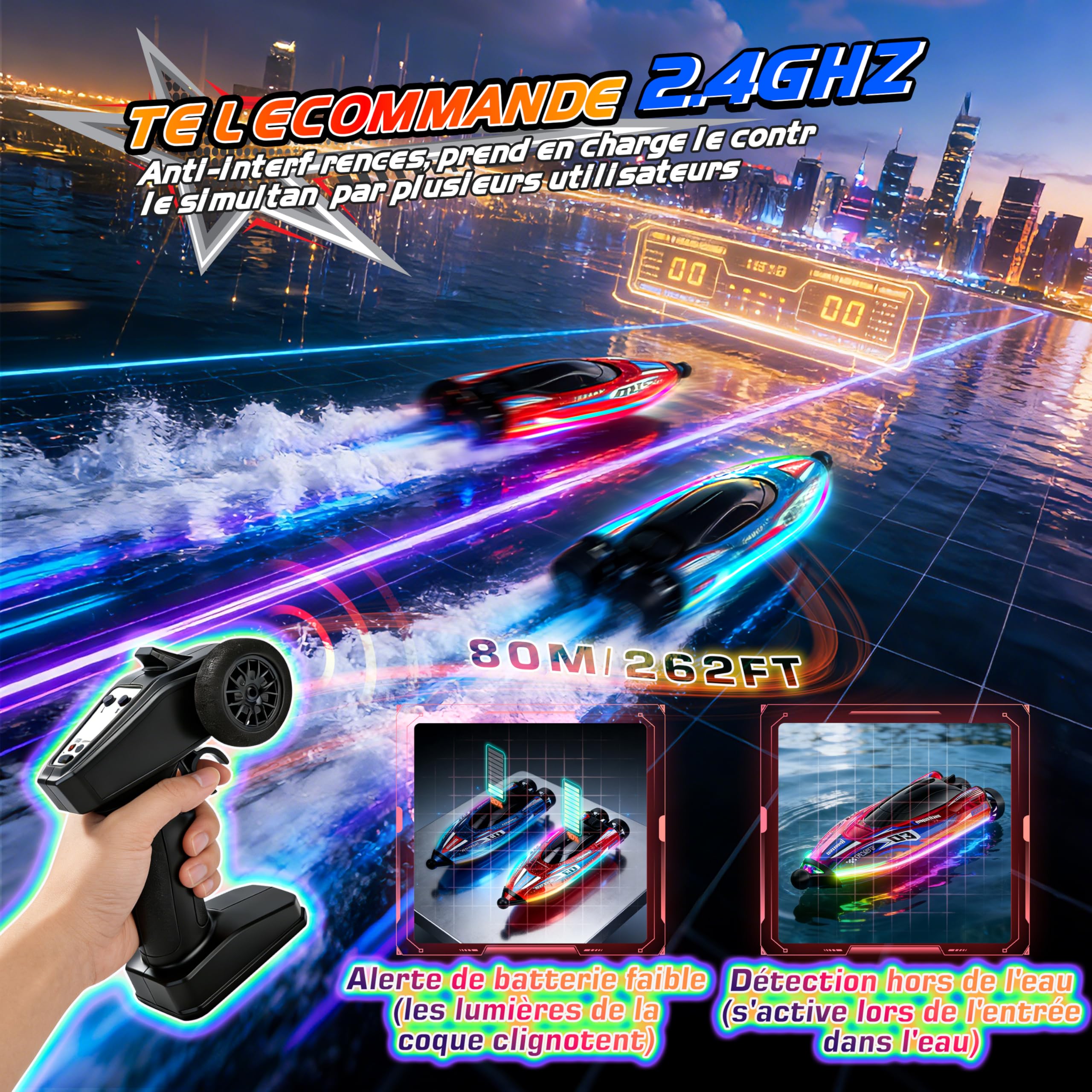 FORMIZON Bateau Télécommandé 25 km/h, Bateau RC avec Lumière LED pour Piscine et Lacs, 2,4GHZ Speedboat de Course RC avec Anti-Enchevêtrement à l’Arrière, Boat Jouet Piscine pour Enfants (Rouge)