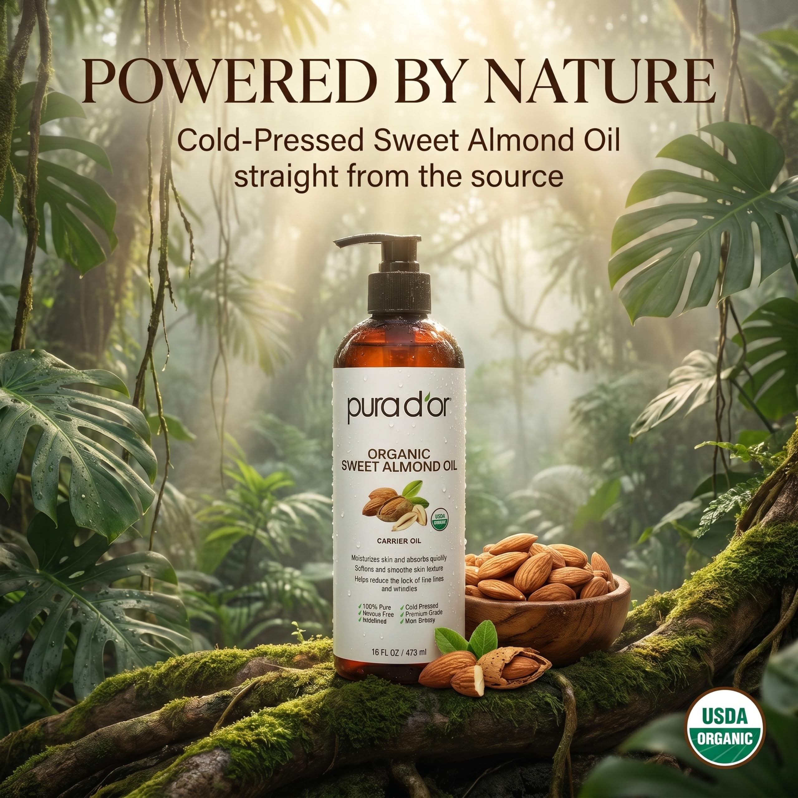 Pura D'Or Olio vettore: olio di mandorle dolci bio (473 mL) Olio organico certificato 100% puro e naturale certificato USDA per pelle e viso