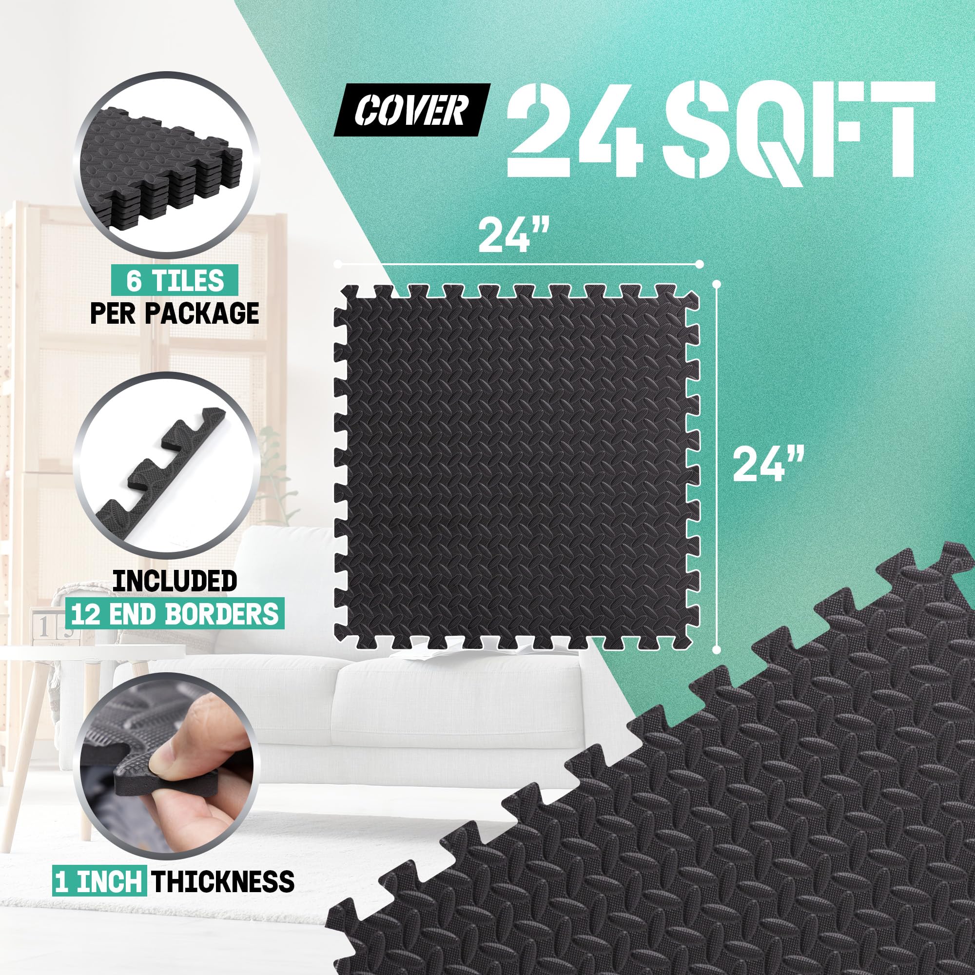 Yes4All 24SQFT-120SQFT Tapis d’exercice en puzzle, dalles de sol en mousse EVA emboîtables avec bordure, équipement pour faire son sport à la maison