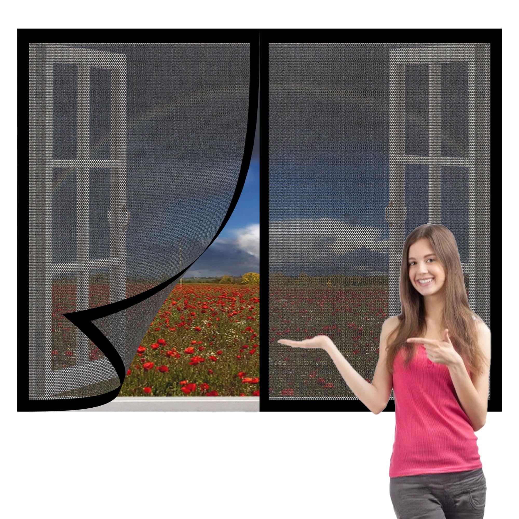 Fly Screens Windows 155 x 130 cm with Selfadhesive Selfadhesive Window Guard Screen Easy Install for Window, Bedroom, Living Room, Kitchen Patio, Black