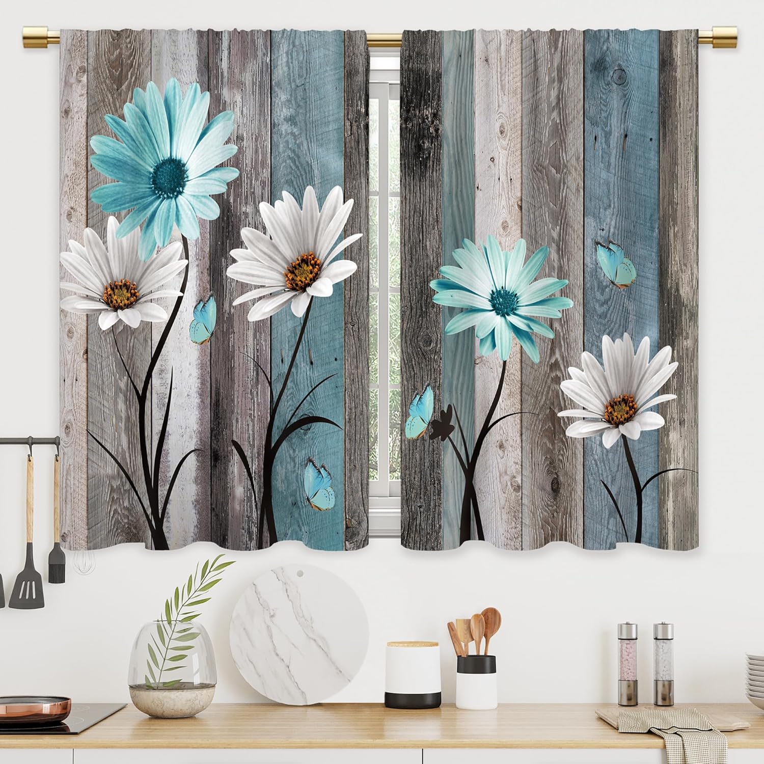 Farmhouse Wooden Blue Teal Daisy Rustic Flower Kitchen Short Small Curtains 42x45 Inch