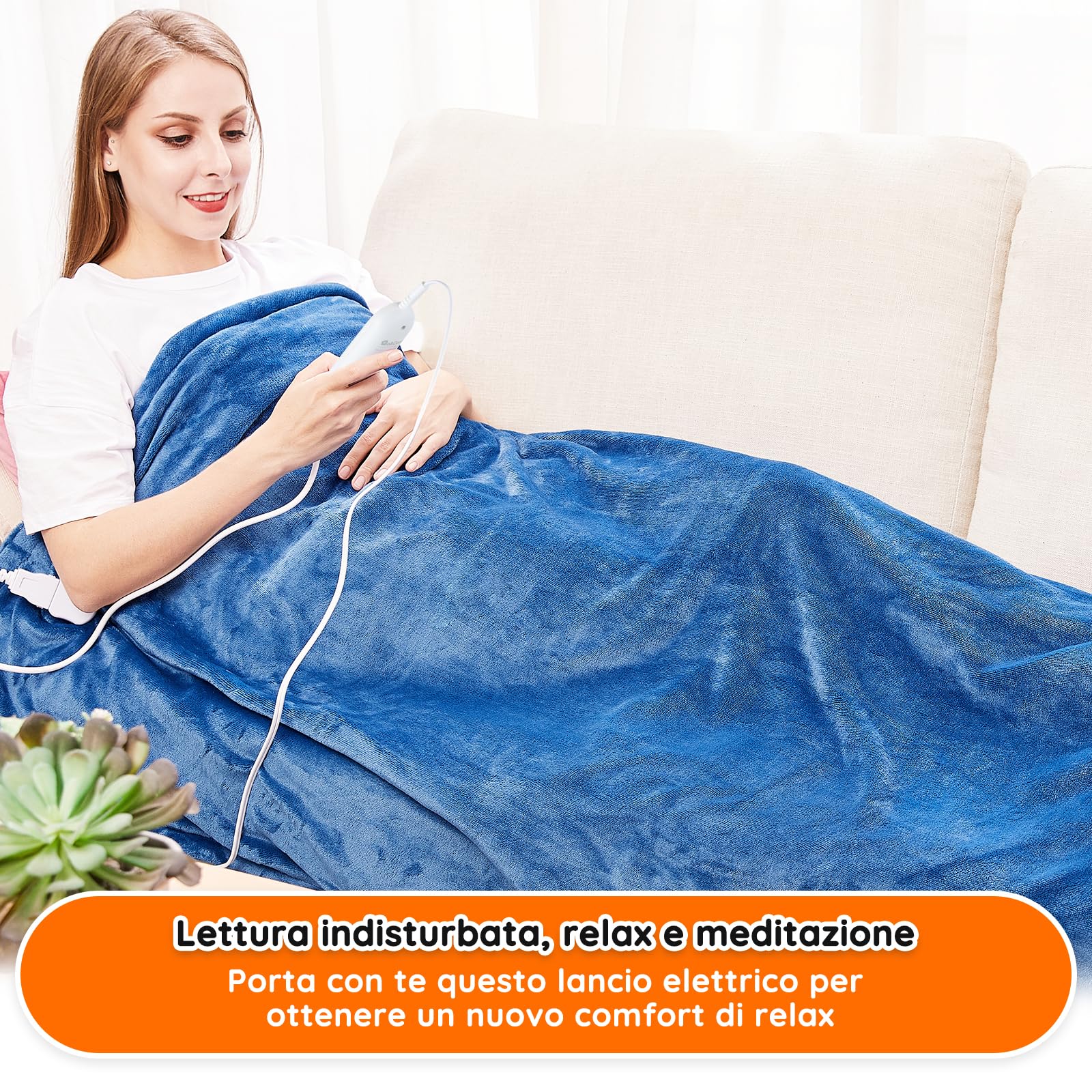 Mia&Coco Coperta Elettrica Termica Riscaldata Riscaldante con Telecomando Digitale, Flanella Sherpa 180x130 cm, 10 livelli e 1~9 ore di spegnimento automatico, Lavabile in Lavatrice, Blu
