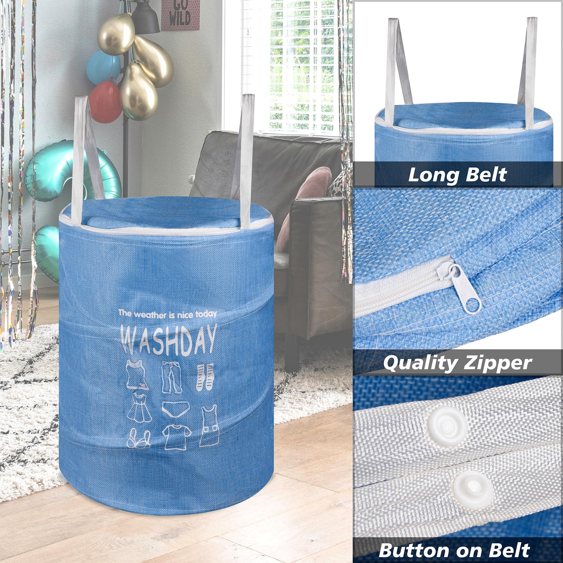 Kuber Industries Wäschekorb | Runder Faltbarer Wäschekorb | Jute Aufbewahrungstasche mit Knopfgriffen | Kleiderkorb für Zuhause | Spielzeug Aufbewahrungskorb | 45 Liter | 2 Stück | Blau