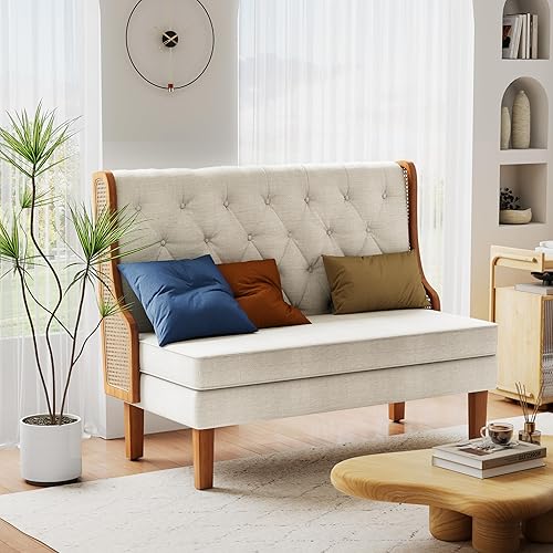 Miniatura 3 de Andeworld Banco de sofá biplaza con brazos de ratán, mini sofá tapizado moderno con respaldo alto, banco de comedor para banqueta para sala de