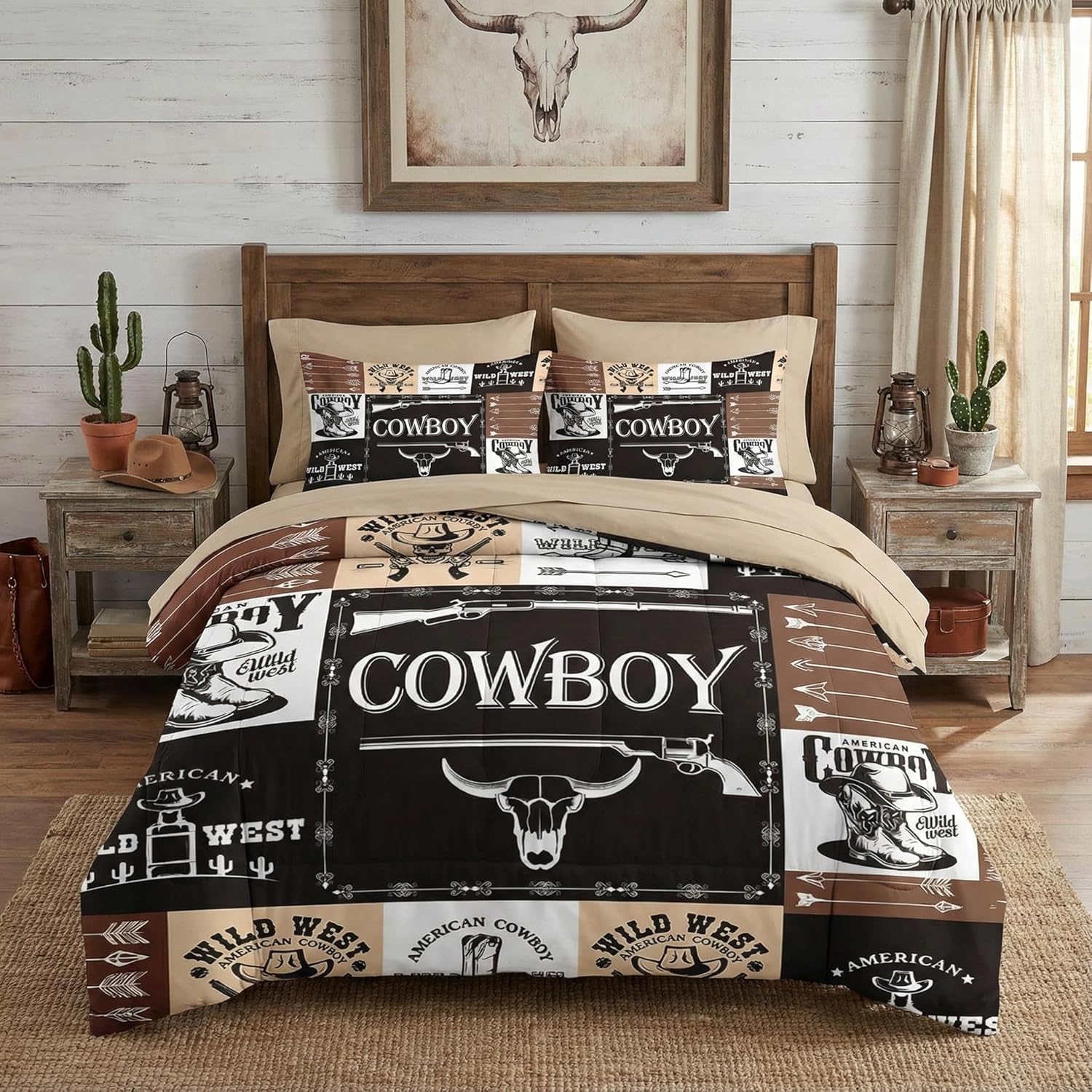 5 Pcs Twin Size Comforter Set with Pillowcase & Sham, Vintage Cowboy Western Bedding for Kids and Adults, Country Retro Bed in a Bag with Flat Fitted Sheet