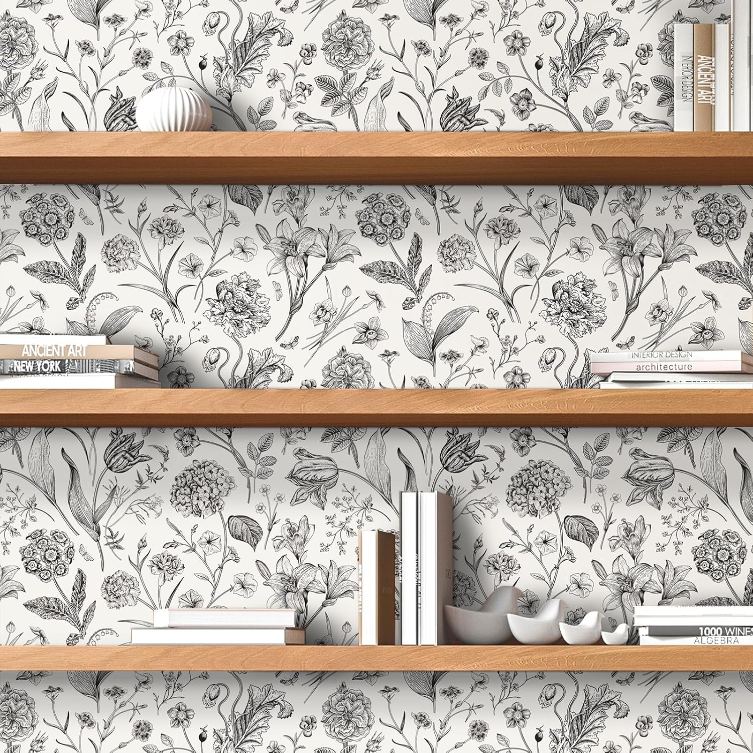 Livelynine 17.5x276 Floral Peel and Stick Wallpaper Vintage Retro Farmhouse Black and White Wild Flower Sprigs French Country Chic Contact Paper Wildflower Botanical Wall Paper for Bathroom Kitchen