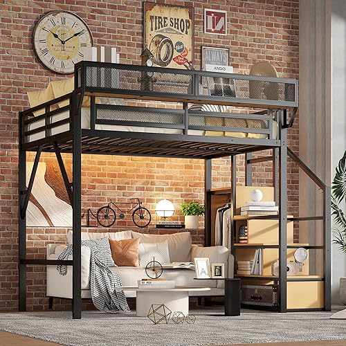 Full Size Loft Bed with Stairs, Metal Loft Beds Full with Storage Shelves, Adults Loft Bed with Wardrobe, Heavy Duty High Lofted Bed for Teens, No Box Spring Needed, No Noise, Black
