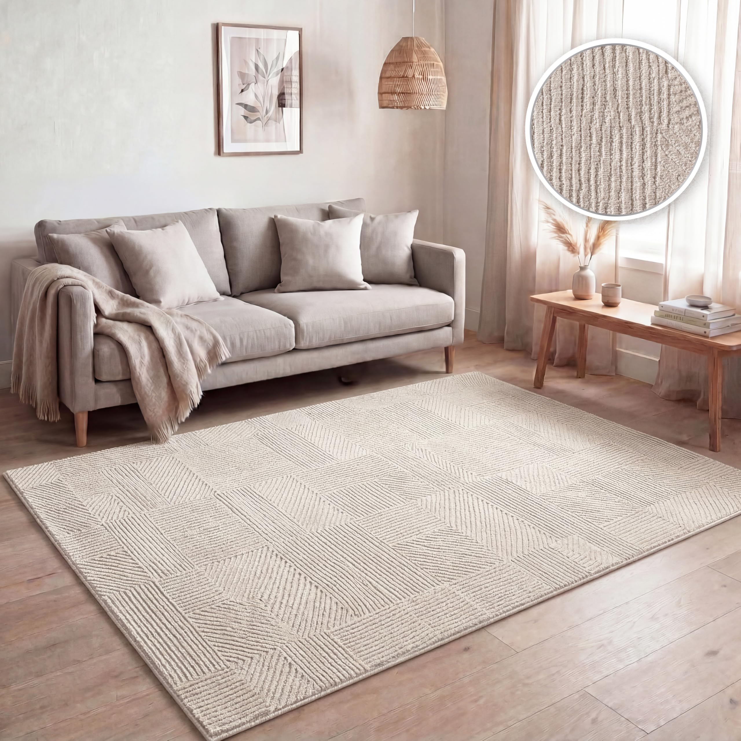 Paco Home Alfombra de Sala Pelo Corto, Motivo geométrico Abstracto Moderno, Efecto 3D, diseño Arco Iris y Cuadros, Lujoso Brillante Tono sobre Tono, Color:Beige - Geométrico, tamaño:120x160 cm