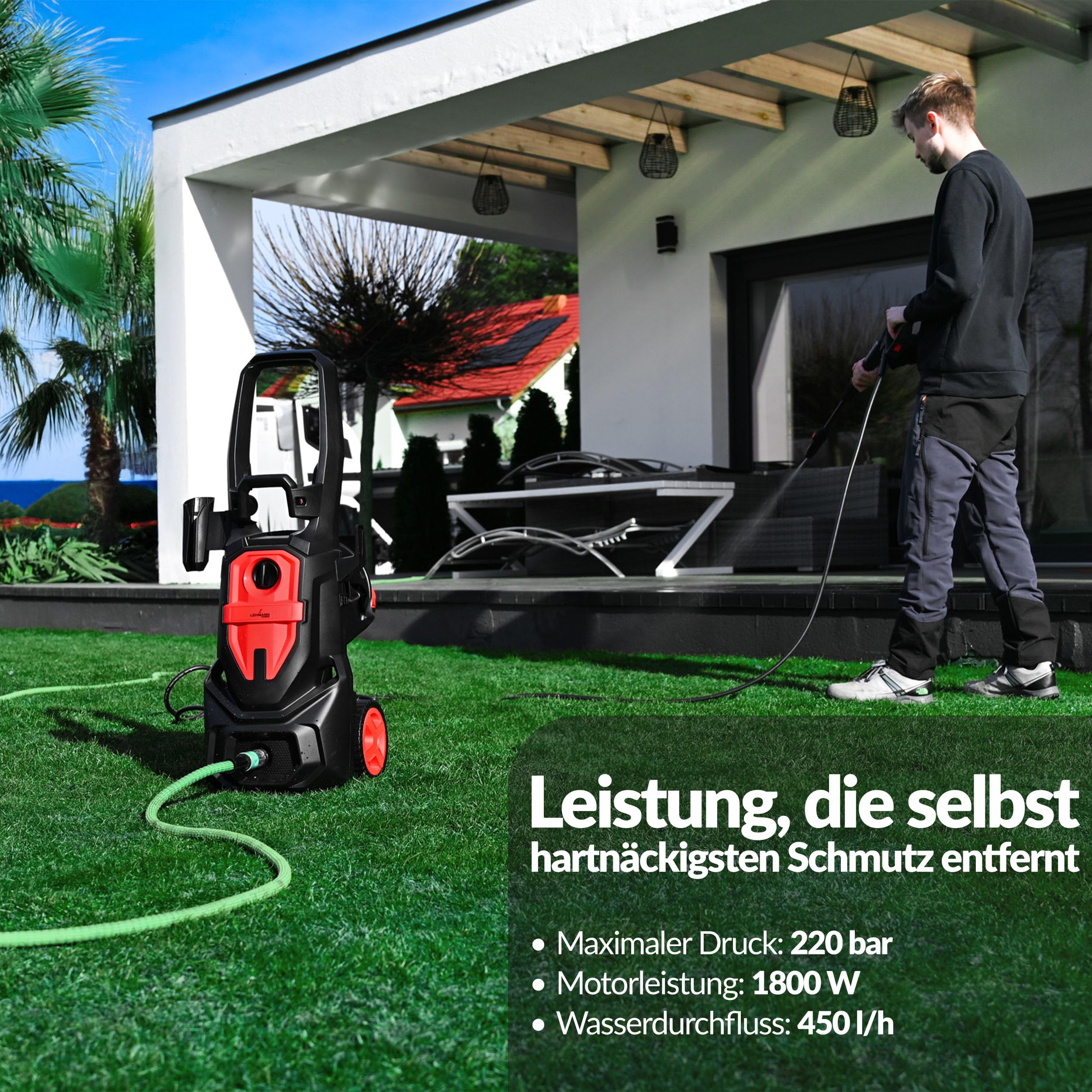 LEHMANN Austin Hochdruckreiniger mit Aluminiumpumpe, 1800 W, max. 220 bar, 450 l/h Fördermenge, 5m Schlauch, Zubehör: Turbo- & Verstelldüse & Schaumsprüher, Druckreiniger für Auto, Terrasse