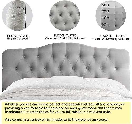 Miniatura 4 de Rosevera Givanna - Cabecero de altura ajustable con tapicería de lino y capitoné de botones para dormitorio, Queen, color gris claro