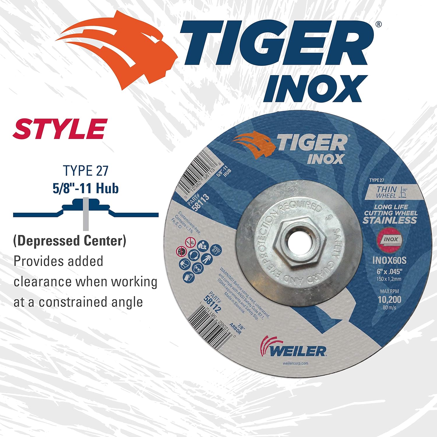Weiler 58113 6 Inch Cutting Wheel, Tiger Inox Stainless Steel Contaminant-free High Performance Cutting, .045" INOX60S Type 27 5/8"-11 Hub, Pack of 10