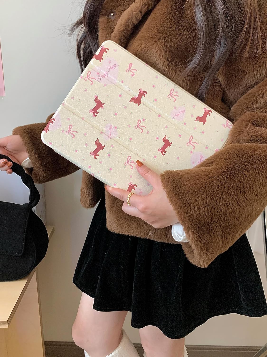 Leather Adjustable Kickstand Folio Case for Apple iPad 10 10.9 Inch 10th Generation 2022 Dachshund Puppy Dog Floral Ribbon Bow Animal Cartoon Pink Cute Lovely Adorable Kids Girls Women Teens Children