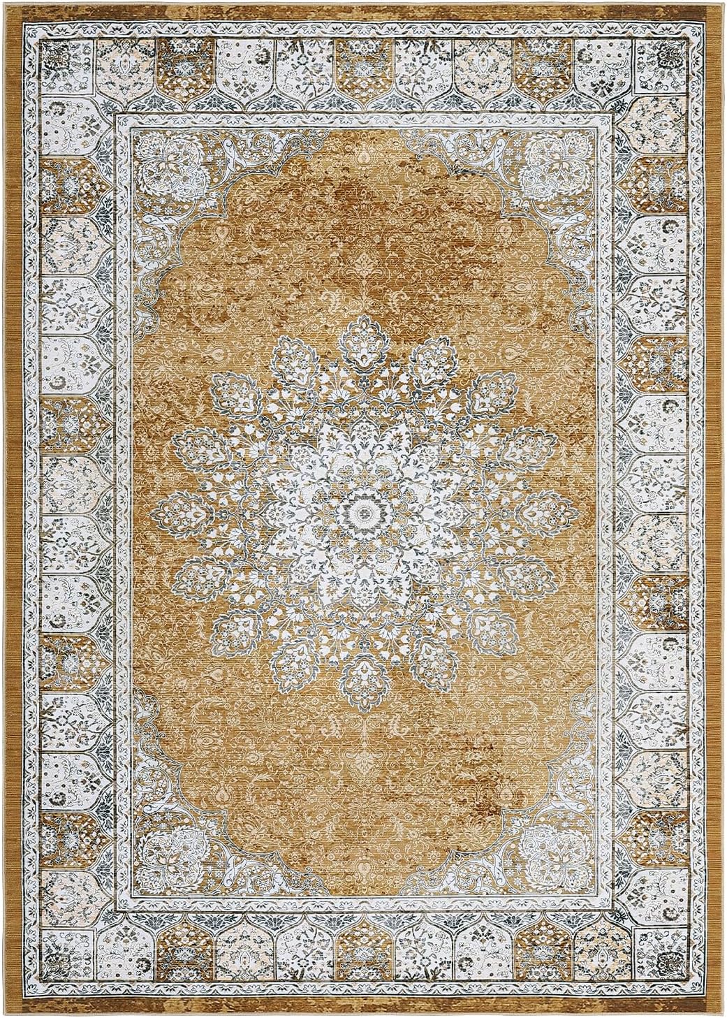 GarveeHome Vintage Area Rugs, Washable Rug for Living Room, Floral Print Vintage Distressed Indoor Traditional Mat, Non Slip Carpet for Bedroom, Dining Room, Home Office