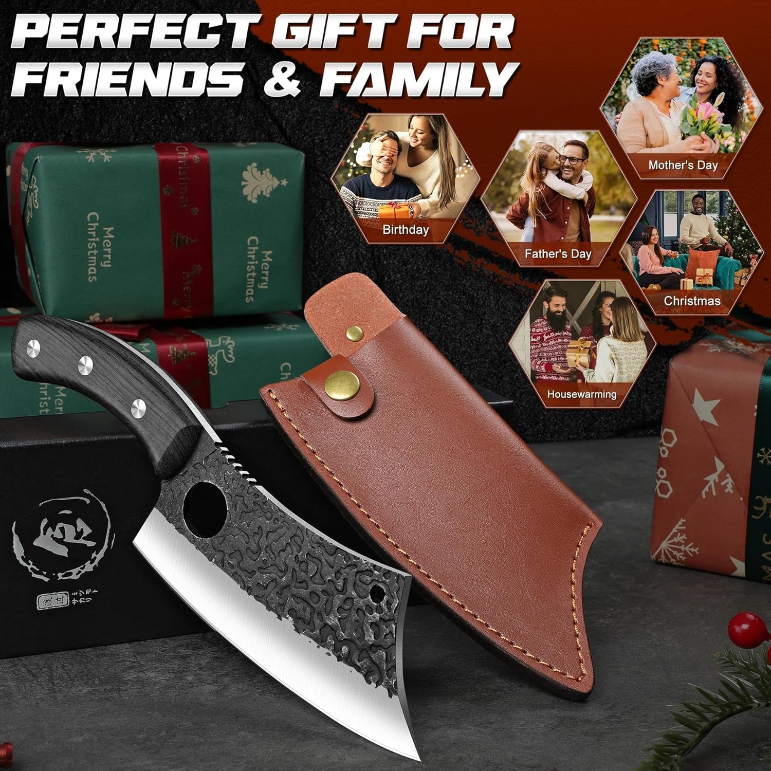 ROCOCO Meat Cleaver Butcher Knife - Sharp Full Tang Knife with Sheath for Home Outdoor BBQ Camping Mother Father Gift Idea Men Black 6.3"